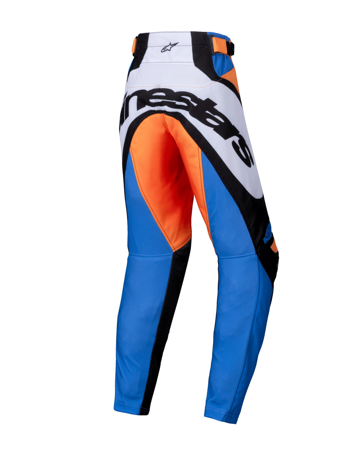 Alpinestars 2025 Youth Racer Melt Pants, pantaloni da motocross, arancione e blu, vista posteriore con vistoso logo Alpinestars nero su carré bianco, area della seduta arancione, gambe blu e pannelli rinforzati neri, design ergonomico per il fuoristrada