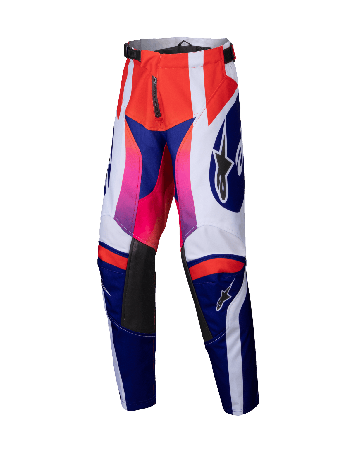 Alpinestars 2025 Youth Racer Wurx Pants, pantaloni da motocross per ragazzi, rosso, blu, rosa e bianco, audace motivo geometrico con sfumature dal rosa al rosso, pannelli interni alle ginocchia in pelle nera, vita regolabile, costruzione in tessuto resistente per corse off-road giovanili