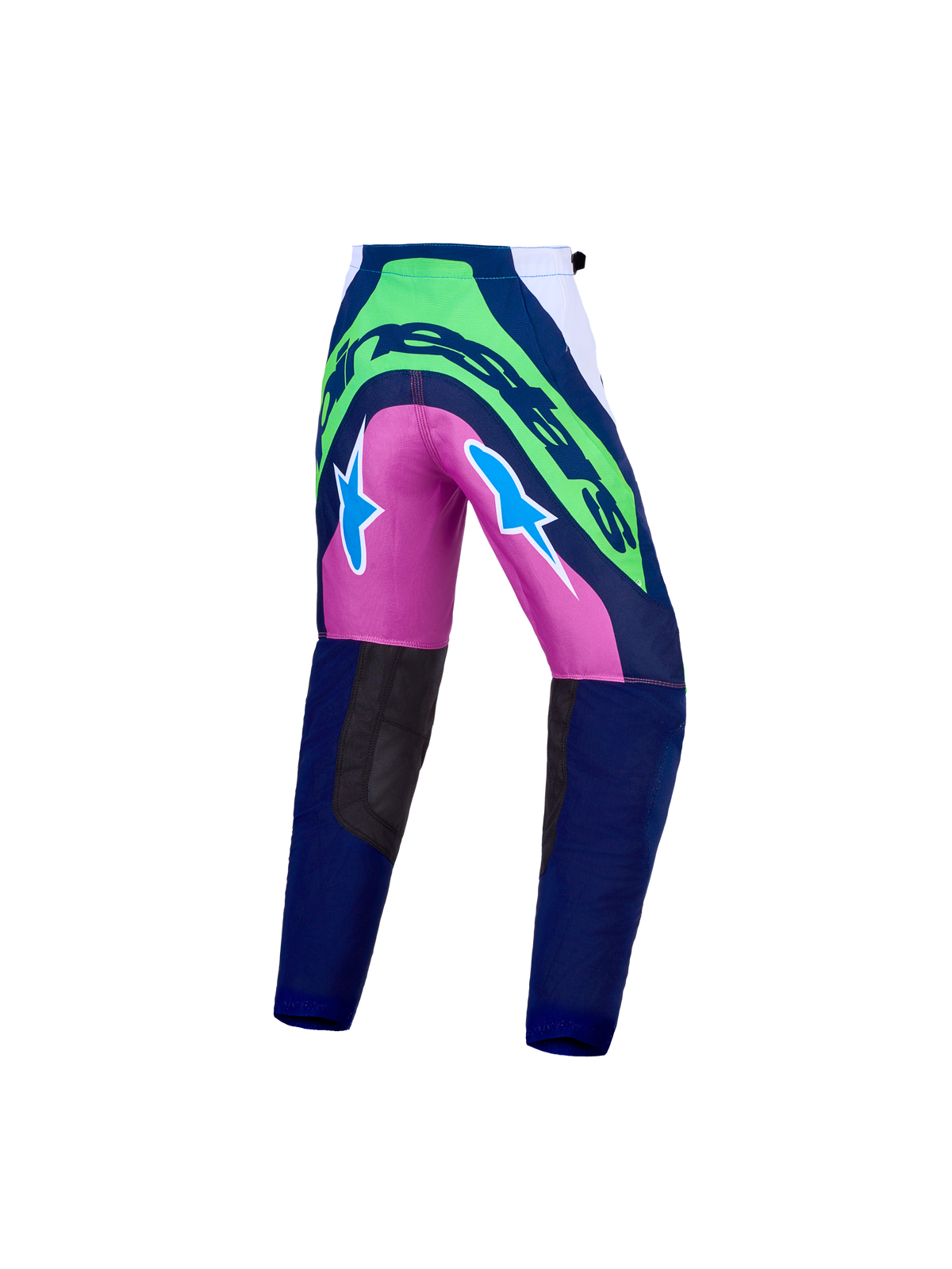 Alpinestars Pantaloni Supertech Maven Ragazzo, pantaloni motocross blu, verdi e rosa, in tessuto rip-stop resistente.
