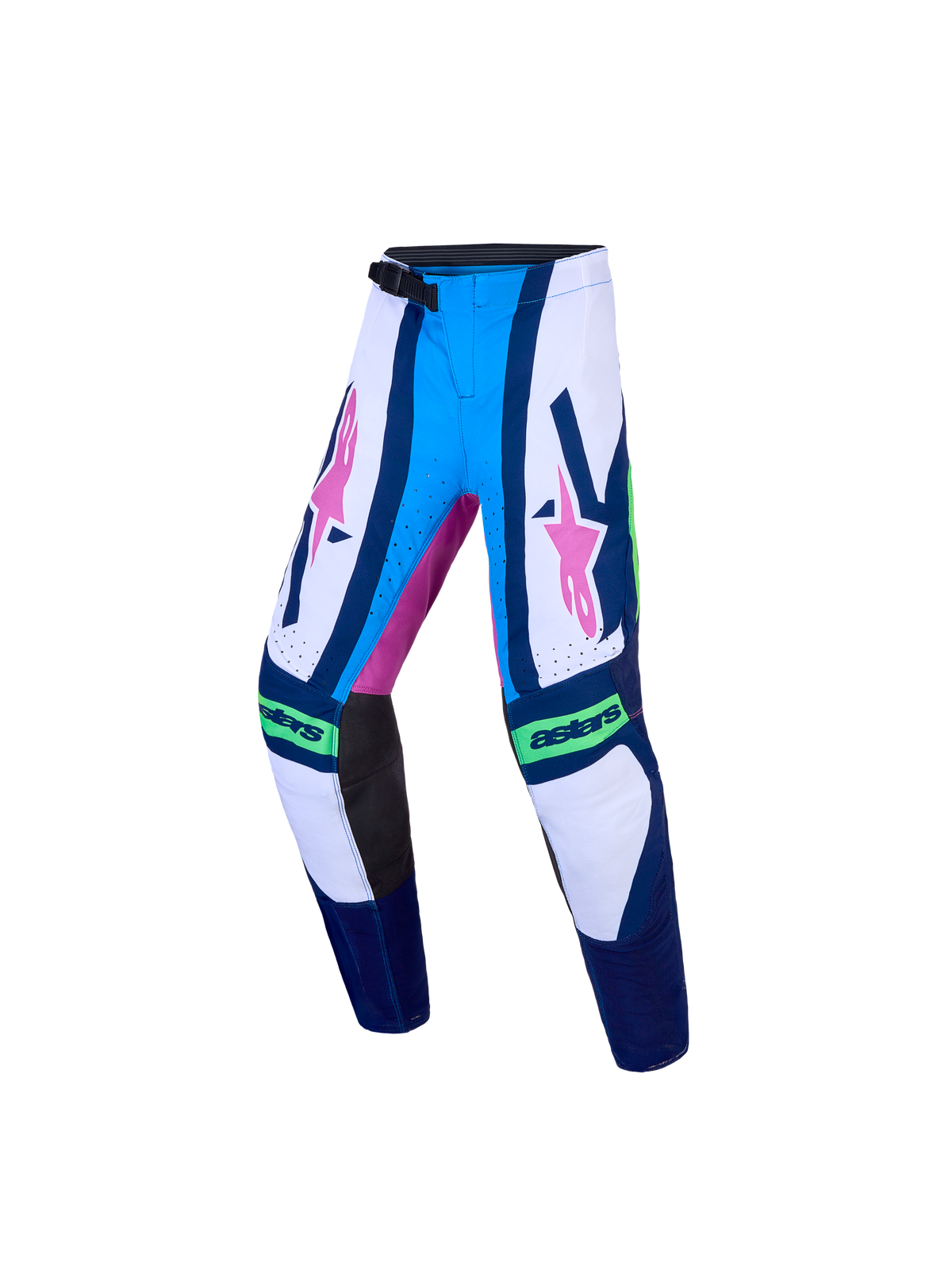 Alpinestars Pantaloni Supertech Maven Ragazzo, pantaloni motocross blu e bianchi, grafiche rosa, vestibilità atletica stretch