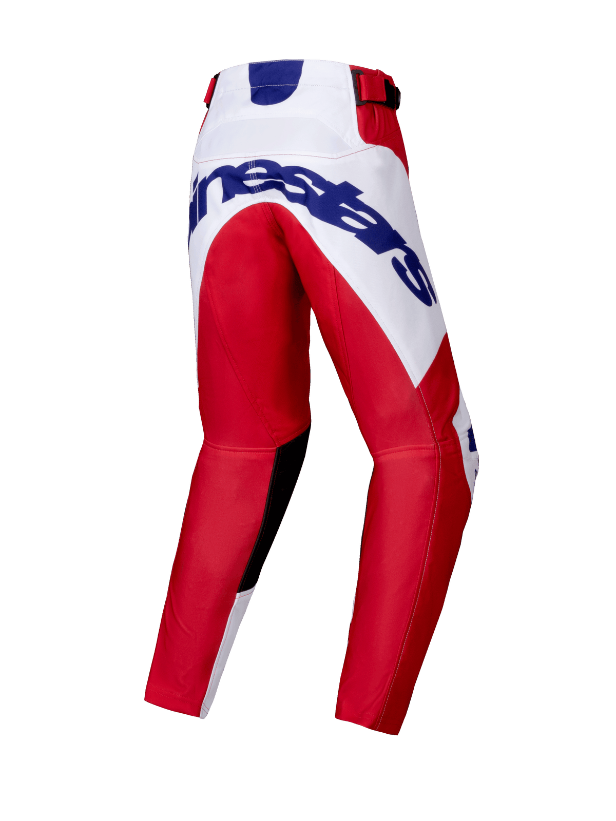 Alpinestars pantaloni Youth Racer Veil 2025, pantaloni da motocross per ragazzi, rosso e bianco, vista posteriore con grande logo Alpinestars blu sulla seduta, design delle gambe precurvato, pannelli interni neri sulle ginocchia e chiusura a cricchetto in vita.