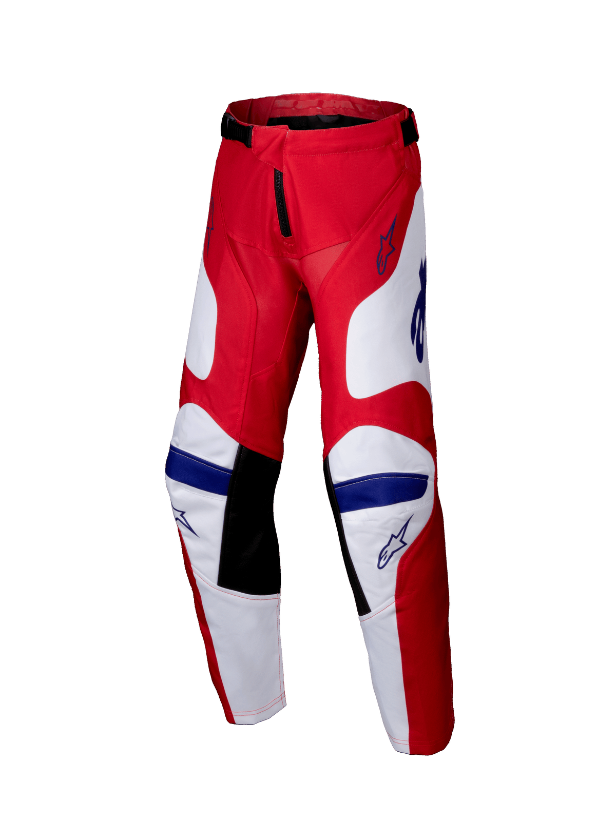 Alpinestars Youth Racer Veil Pants 2025, pantaloni da motocross per ragazzi, rosso acceso e bianco con dettagli blu, con pannelli interni neri sulle ginocchia, design ergonomico precurvato e politessuto resistente per gare fuoristrada.