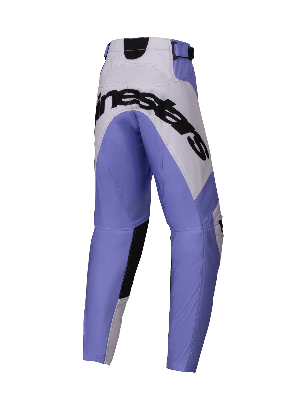 Alpinestars pantaloni Youth Racer Veil 2025, pantaloni da motocross, viola, bianco e nero, grande marchio Alpinestars nero sulla seduta, design sportivo con pannelli rinforzati, materiale resistente per corse fuoristrada