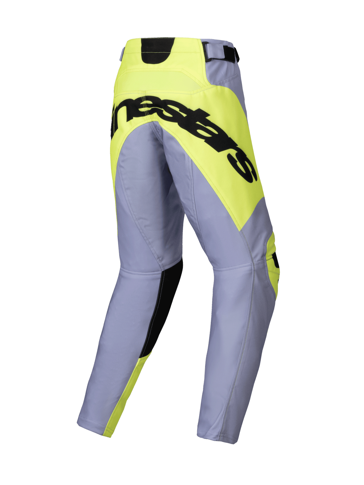 Alpinestars pantaloni Youth Racer Veil 2025, pantaloni da motocross, grigio e giallo fluo, vista posteriore con logo Alpinestars nero su pannello della seduta giallo neon, costruzione della gamba pre-curvata per corse off-road