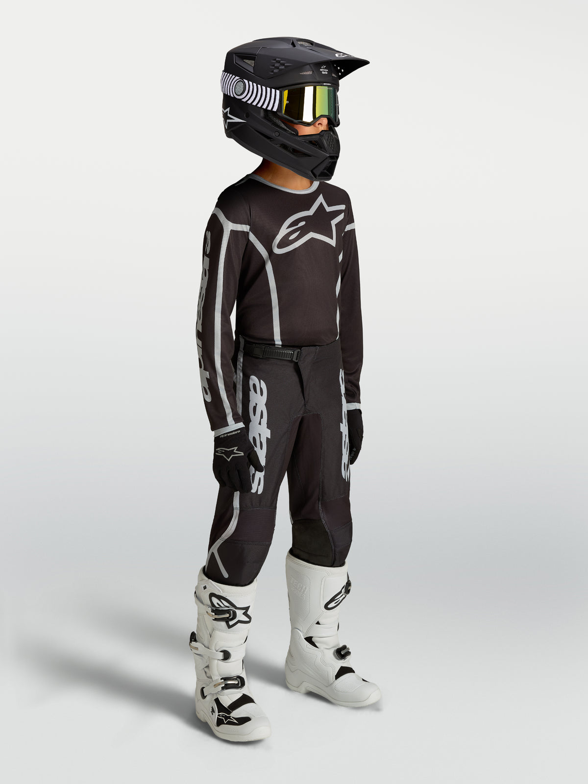 Alpinestars Pantaloni Fluid Apex V2 Ragazzo, pantaloni da motocross neri e argento con maglia, casco e stivali bianchi.