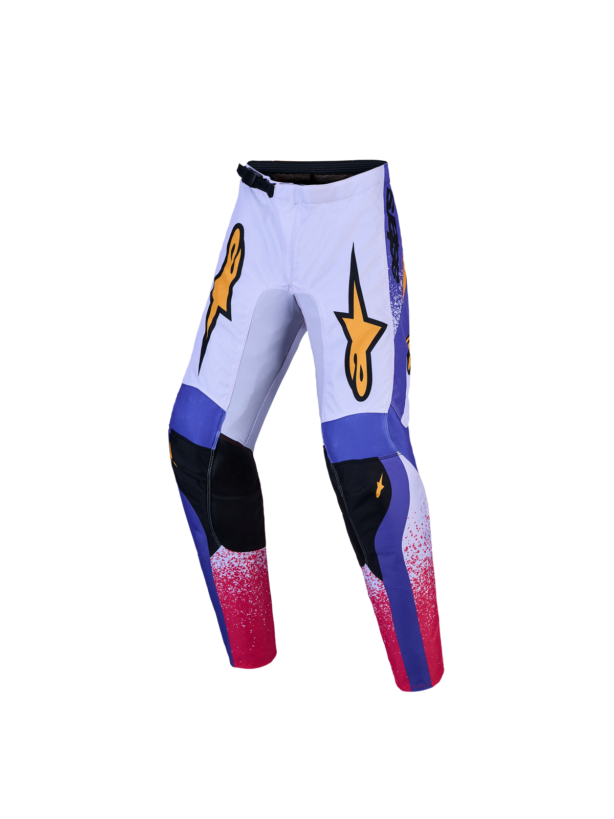 Alpinestars Pantaloni Fluid Drag ragazzo, pantaloni da motocross ed off-road, lilla e blu iris con loghi gialli, in poliestere 600D con chiusura a cricchetto