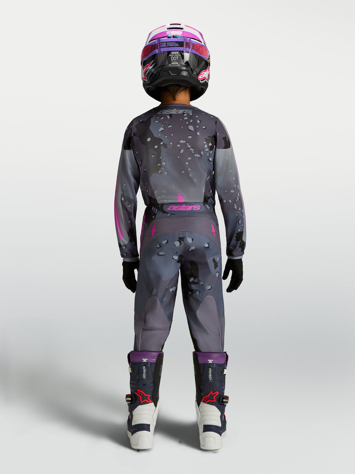 Alpinestars Ragazzo Fluid Lone Gear Set, completo da motocross per ragazzi, grigio e rosa con grafiche camo, vista posteriore.