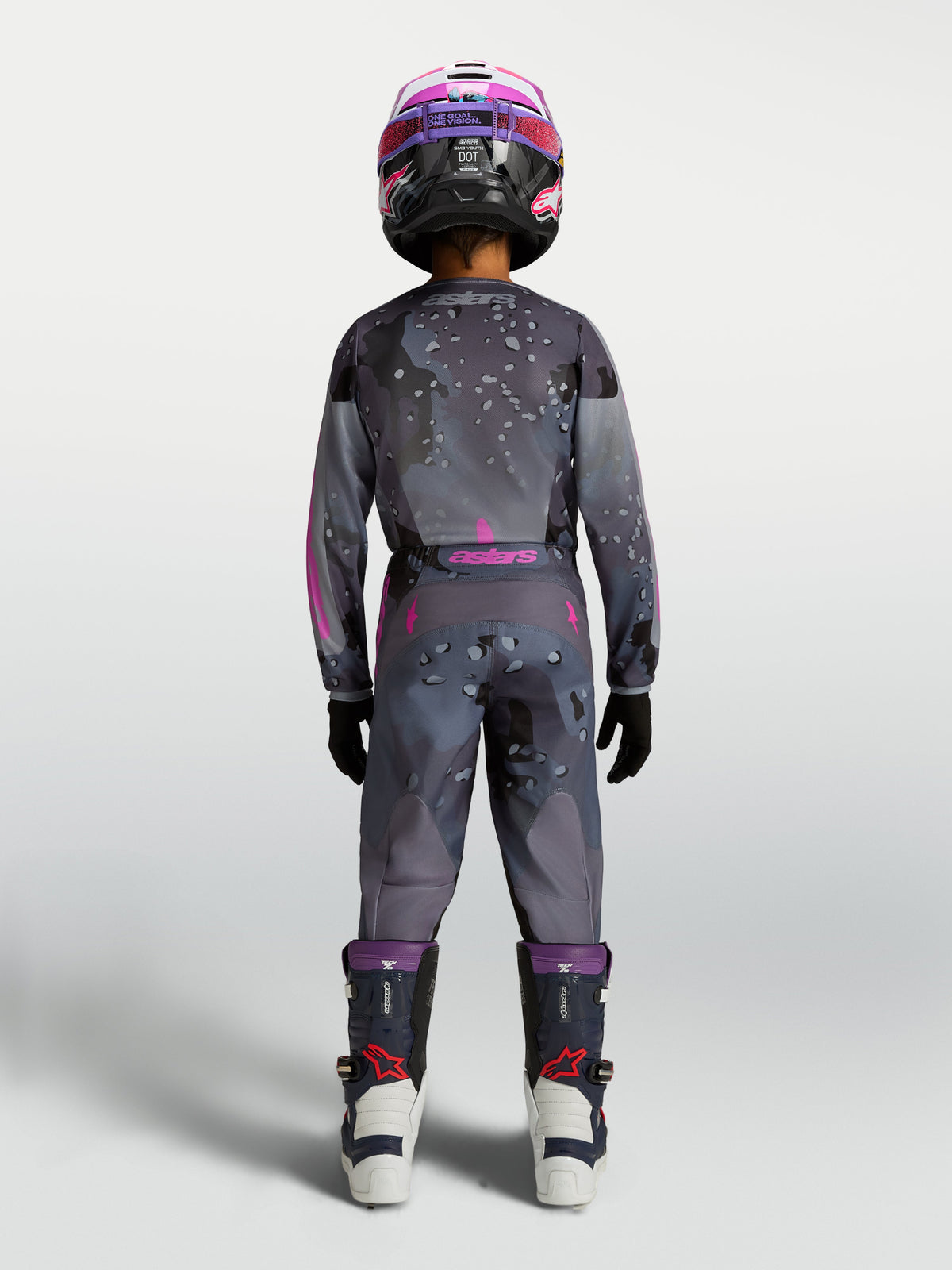 Alpinestars maglia e pantaloni Fluid Lone per ragazzo 2027, completo da motocross grigio camo e viola, vista posteriore.