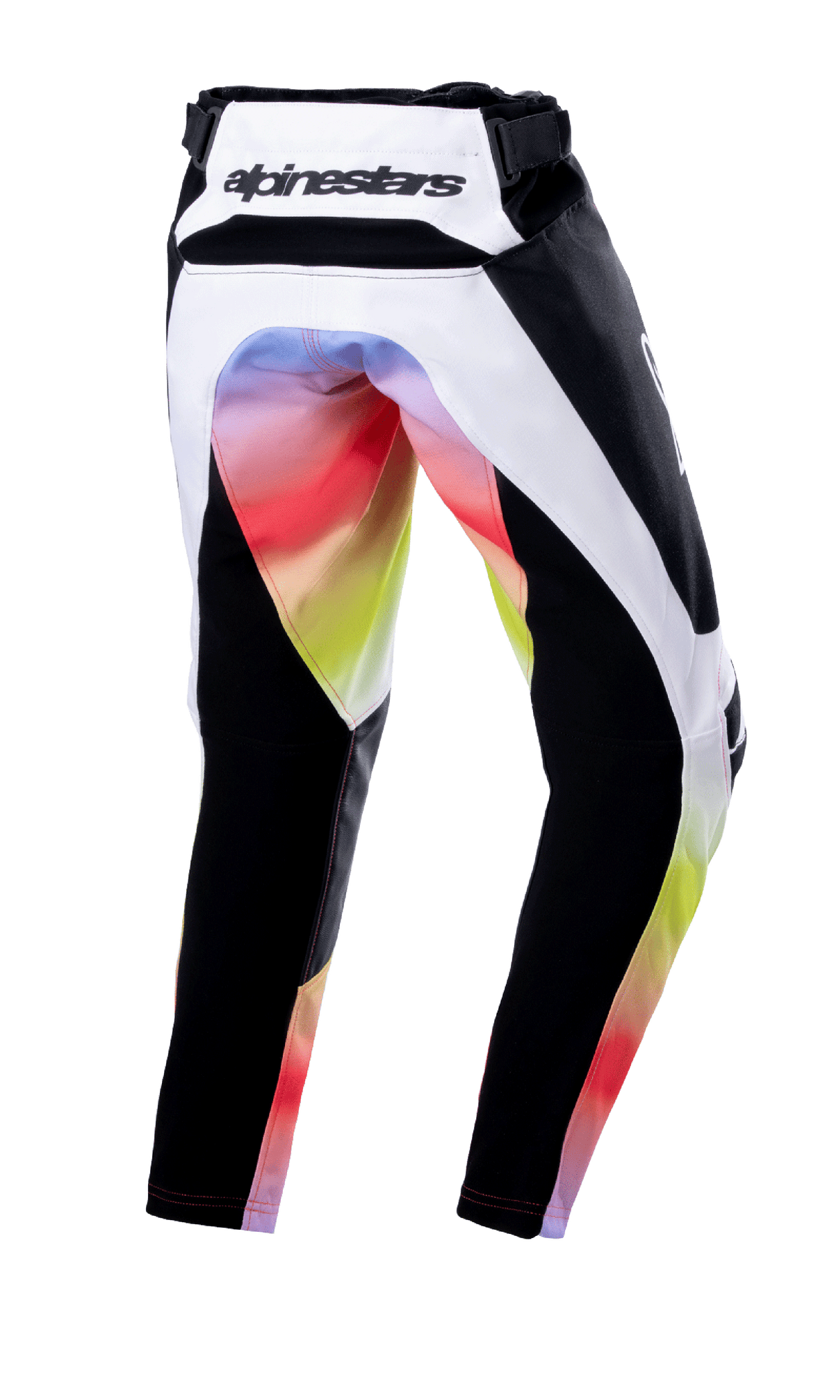 Alpinestars Pantaloni Youth Racer Semi 2023, pantaloni da motocross, nero multicolore, vista posteriore con pannelli bianchi e neri e una vivace sfumatura di colore sulla seduta e sull'interno gamba, logo Alpinestars sulla fascia in vita posteriore, design resistente per corse fuoristrada