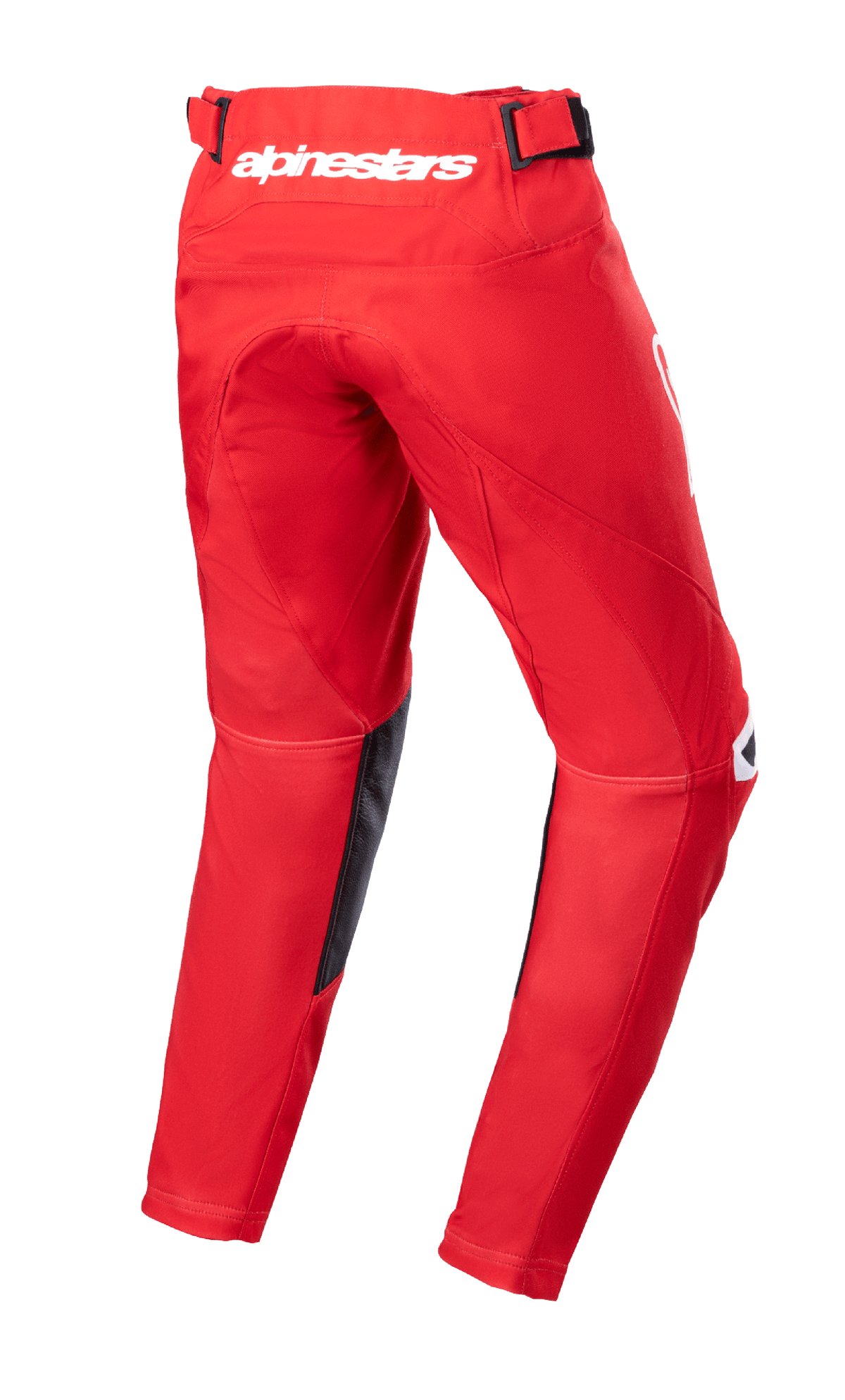 Alpinestars Pantaloni Youth Racer Narin 2023, pantaloni da motocross, rosso e bianco, vista posteriore con logo Alpinestars bianco sulla vita, pannelli interni in pelle nera, design ergonomico pre-curvato per guida fuoristrada