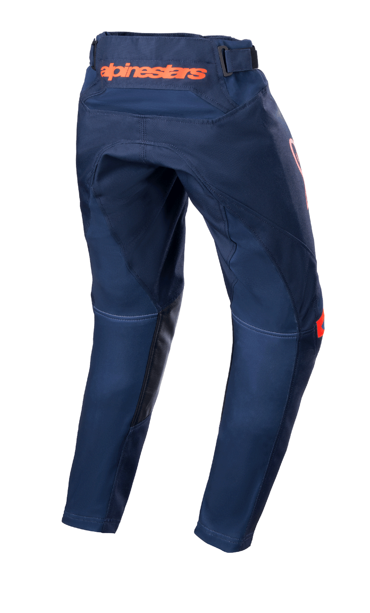 Alpinestars Pantaloni Youth Racer Narin 2023, pantaloni da motocross, blu navy e arancione acceso, vista posteriore con logo Alpinestars arancione sulla vita e rinforzi interni in pelle nera, design in tessuto resistente per il fuoristrada