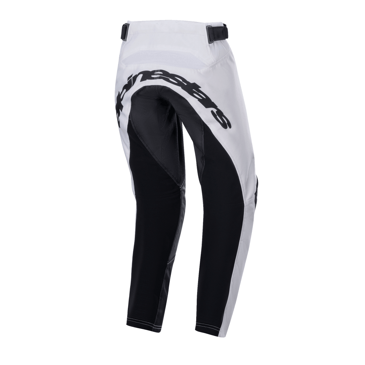 Alpinestars pantaloni Youth Racer Lucent 2024, pantaloni da motocross, bianco e nero, vista posteriore con ampi pannelli neri rinforzati sulla seduta e all'interno delle gambe, scritta Alpinestars sul retro e cinturini regolabili in vita per la guida fuoristrada