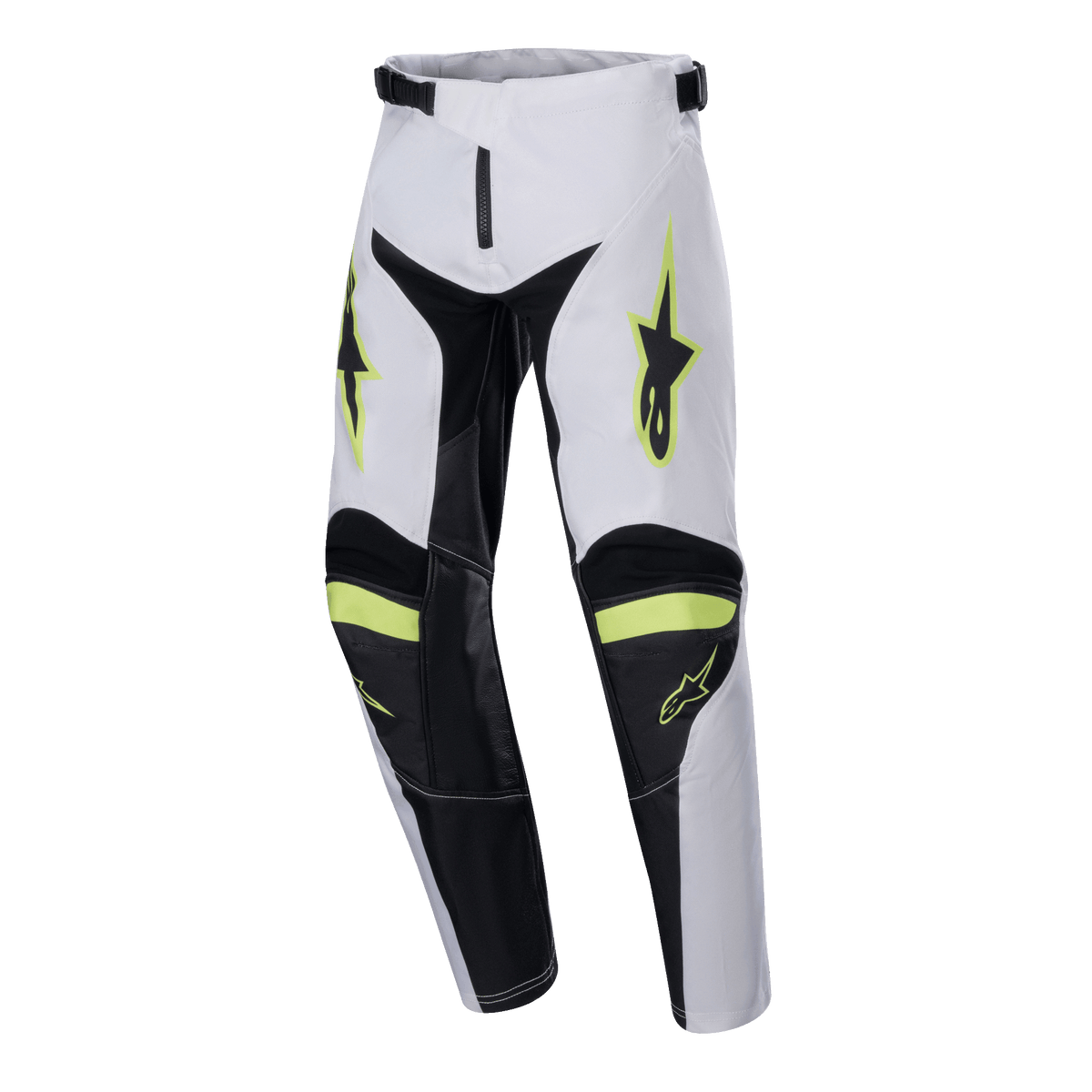 Alpinestars pantaloni Youth Racer Lucent 2024, pantaloni da motocross, bianco, nero e giallo fluo, loghi a stella sulle cosce, pannelli neri sull'interno gamba e sulle ginocchia, design sportivo pre-curvato per prestazioni motocross