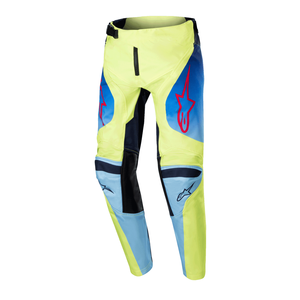 Alpinestars Pantaloni Youth Racer Hoen 2024, pantaloni da motocross, giallo fluo e blu notte navy, con loghi a stella Alpinestars rossi, pannelli blu navy e ginocchia rinforzate nere, design sportivo per corse fuoristrada