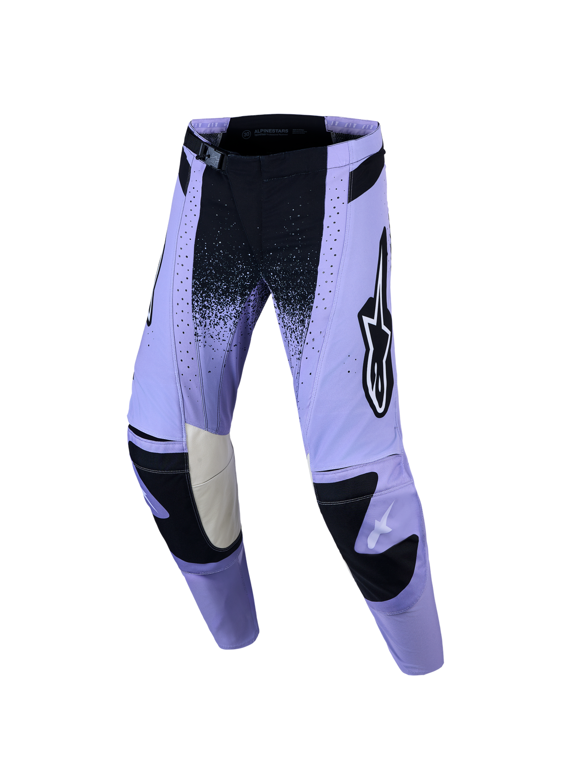 Alpinestars Stella Techstar Swan Pants, pantaloni da motocross da donna, viola e neri, con perforazioni laser per la ventilazione e fibbia magnetica SX2, rinforzi in pelle all'interno delle ginocchia, design ergonomico per l'off-road.