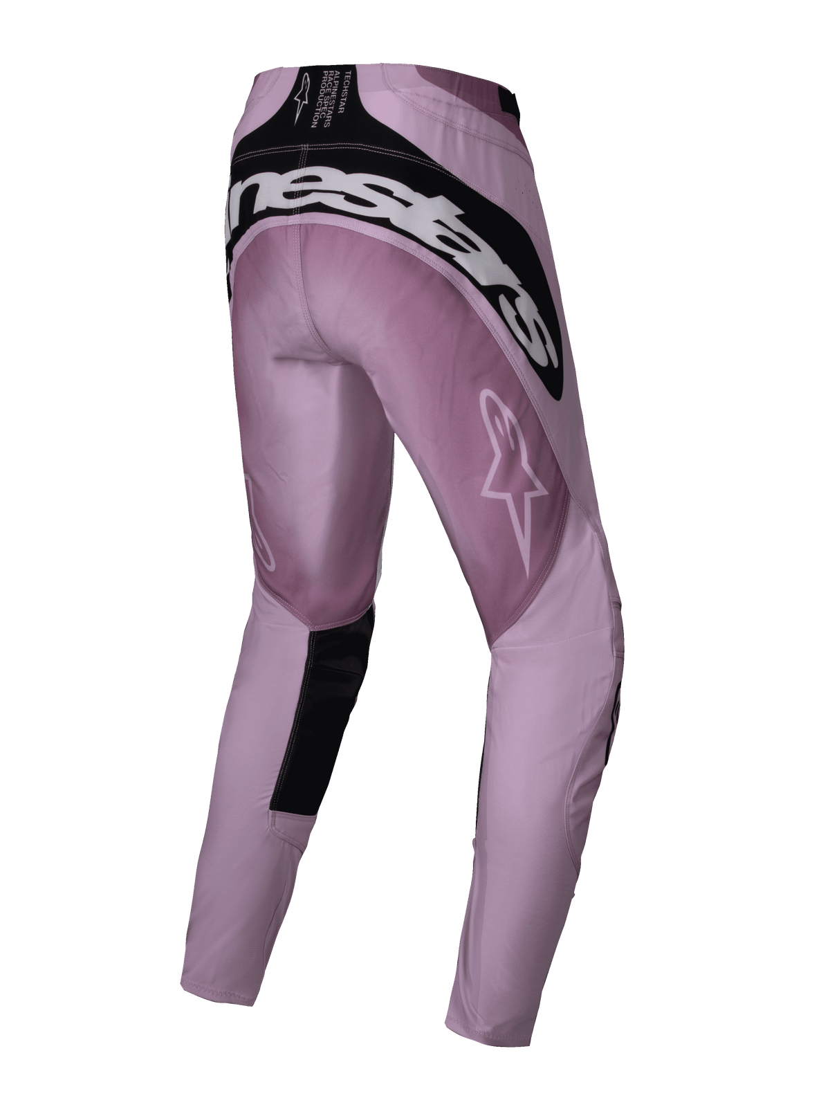 Alpinestars 2025 Stella Techstar Melt Pants, pantaloni da motocross da donna, colore Blush Black, vista posteriore con logo Alpinestars bianco sulla seduta, pannelli rinforzati neri e logo a stella sulla coscia, progettati per prestazioni fuoristrada