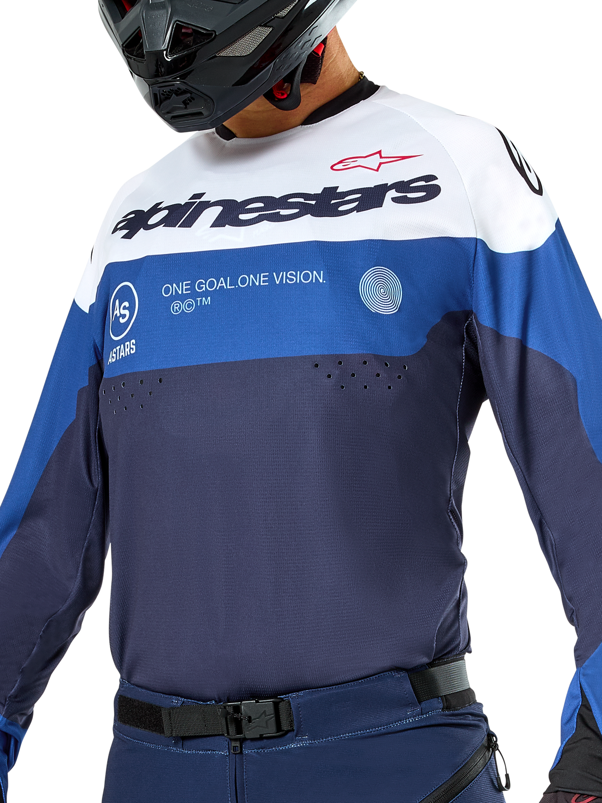 Alpinestars Pro-Dura Jersey, maglia da enduro e motocross, blu navy, azzurro e bianco, vestibilità atletica con loghi evidenti, costruzione in tessuto resistente per prestazioni fuoristrada