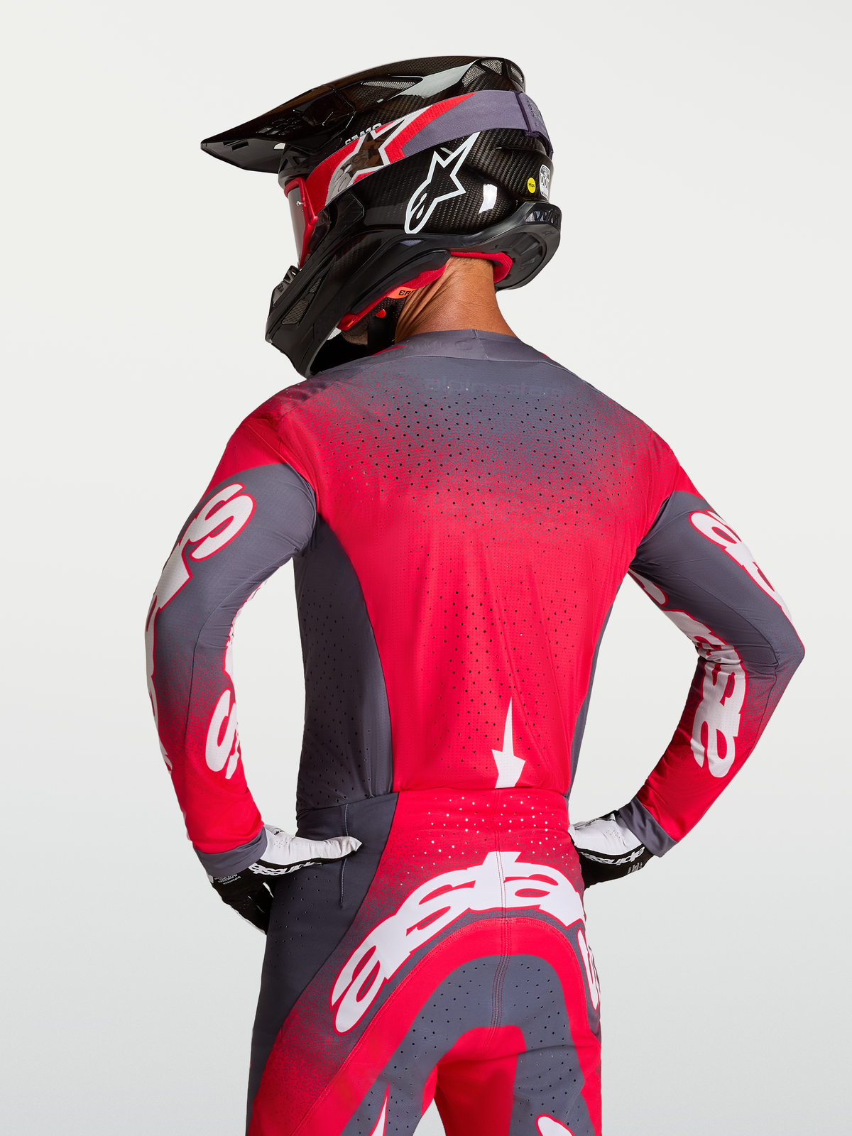Alpinestars Maglia Supertech Hiten AFD, maglia da motocross grigia e rosso fluo, ventilazione Stretchnet posteriore, vestibilità racing professionale da uomo