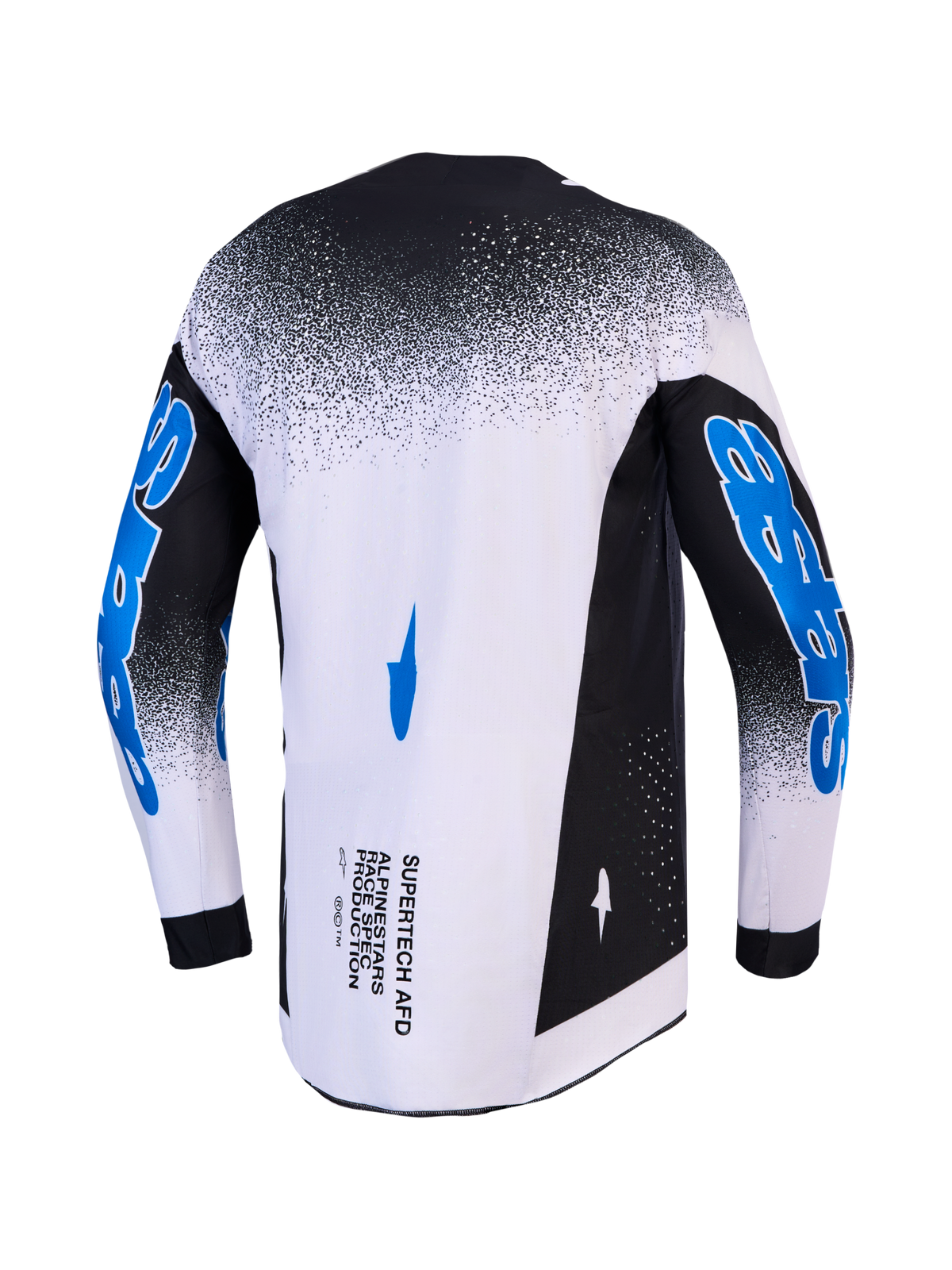 Alpinestars Maglia Supertech Hiten AFD, maglia da motocross da uomo, bianco e nero con grafiche blu, vista posteriore.