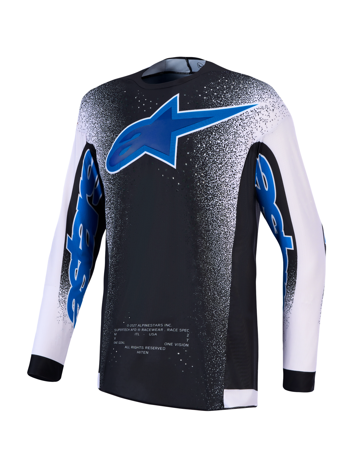 Alpinestars maglia Supertech Hiten AFD, maglia da motocross da uomo, nera e blu con maniche bianche e mesh ventilato