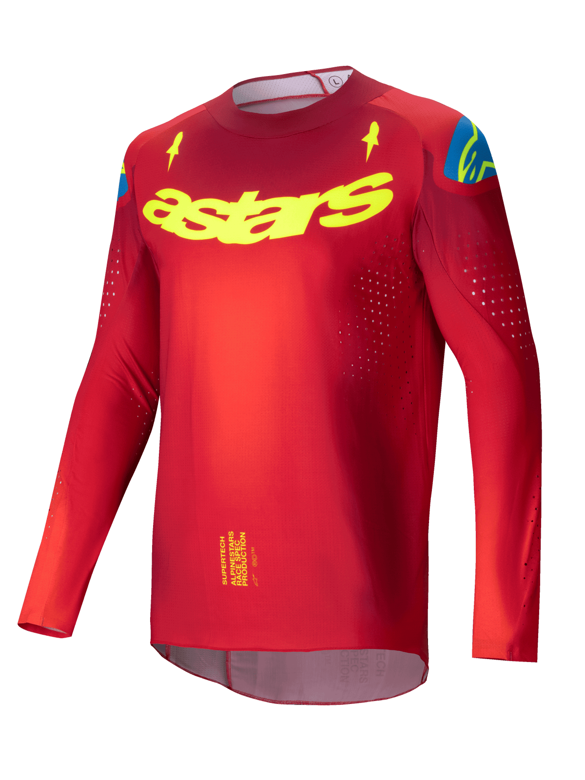 Maglia Alpinestars Supertech Maker 2025, maglia motocross da uomo rossa e giallo fluo, leggera e ventilata con perforazioni laser