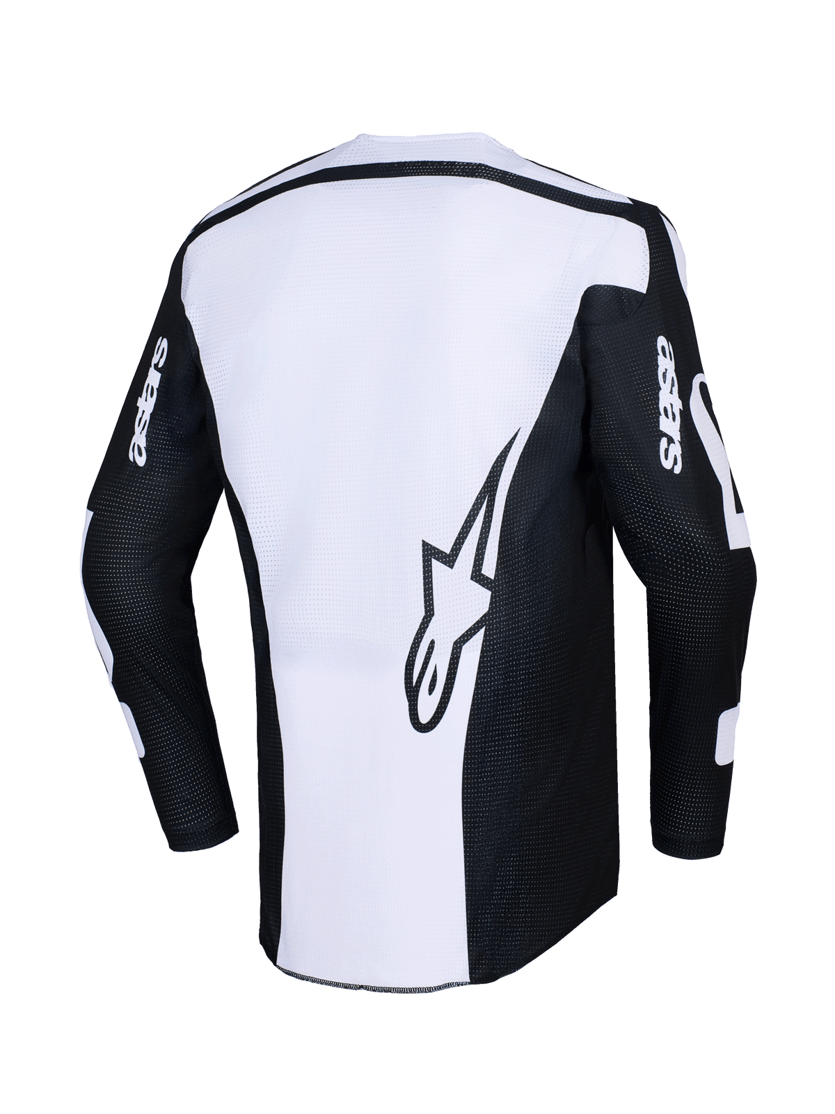 Alpinestars 2026 Racer Air Riway Jersey, maglia da motocross, nero e bianco, vista posteriore con grande logo a stella sul pannello bianco, maniche nere con marchio 'astars', tessuto mesh traforato per la ventilazione, abbigliamento tecnico per il fuoristrada