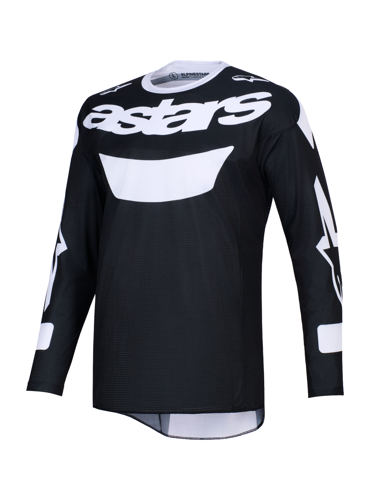Alpinestars 2026 Racer Air Riway Jersey, maglia da motocross, nera e bianca, con vistoso logo astars bianco sul petto, tessuto mesh leggero per un'elevata ventilazione, maniche lunghe e vestibilità atletica per prestazioni off-road