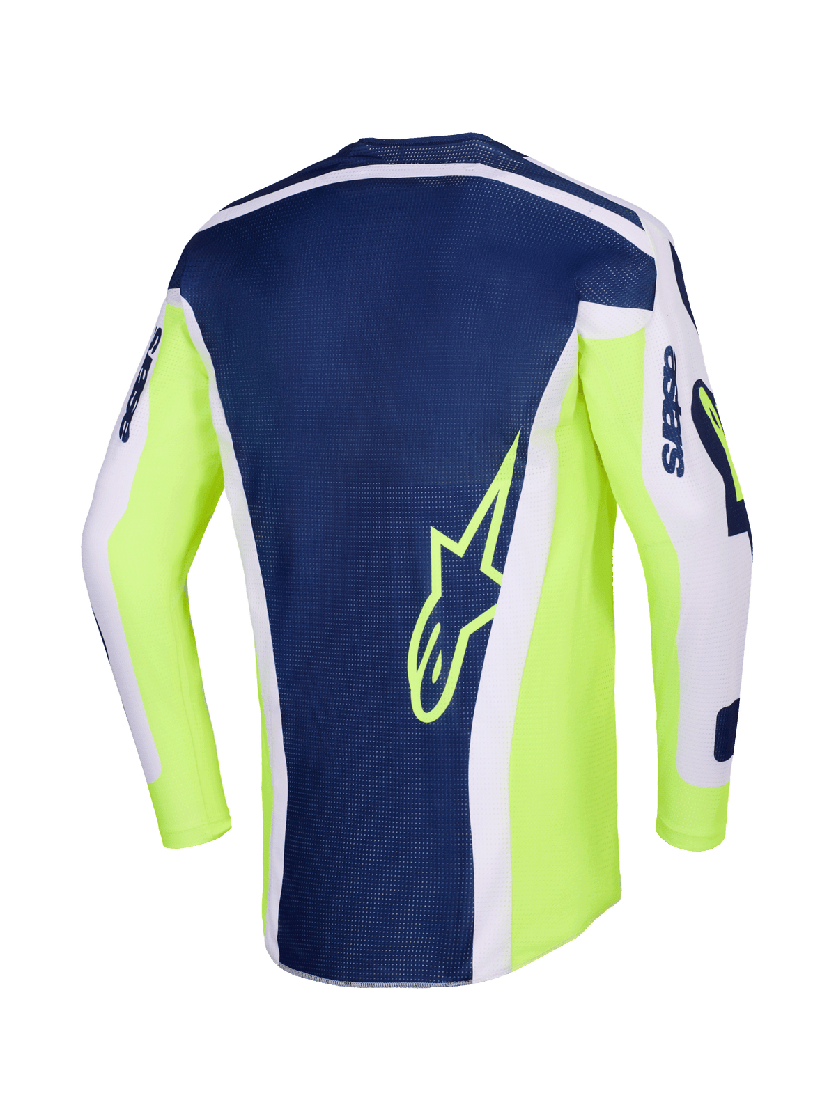 Alpinestars 2026 Racer Air Riway Jersey, maglia da motocross, grigio chiaro, giallo fluo e blu, vista posteriore con pannello centrale blu navy e logo a stella giallo, fianchi giallo fluo e maniche grigio chiaro per prestazioni off-road