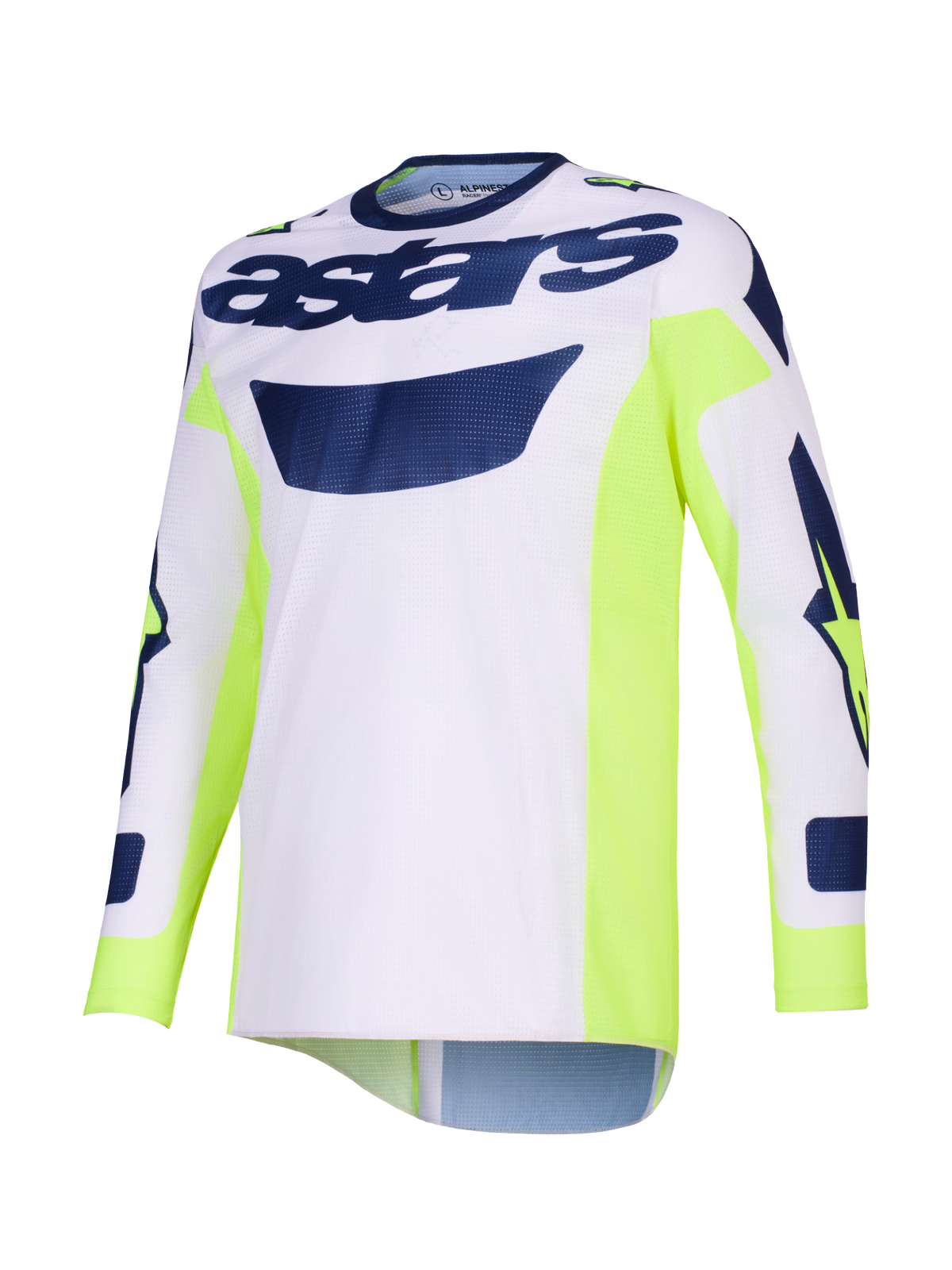 Alpinestars 2026 Racer Air Riway Jersey, maglia da motocross, grigio chiaro con accenti giallo fluo e blu, branding 'astars' sul petto, pannelli laterali giallo neon, costruzione in mesh traspirante per prestazioni off-road