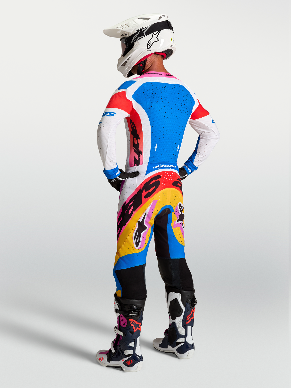 Alpinestars Supertech Dyna Gear Set, completo motocross da uomo, blu e bianco, vestibilità racing atletica pro level.