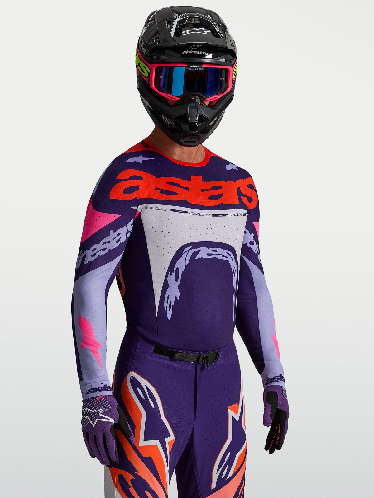Alpinestars Maglia Supertech Dyna, maglia motocross da uomo, viola e rosa fluo, mesh elasticizzato traspirante con fori laser.