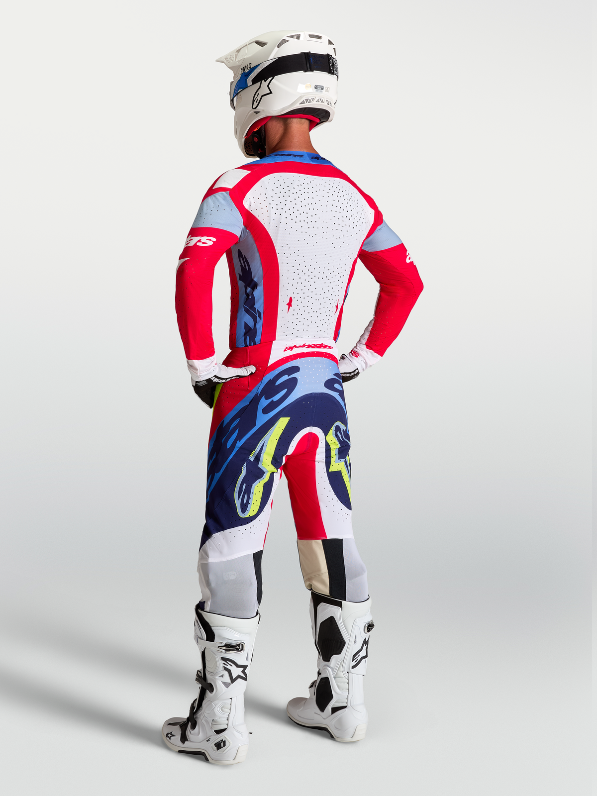 Alpinestars maglia Supertech Dyna, maglia motocross da uomo, rosso fuoco e blu navy, pannelli posteriori traforati al laser