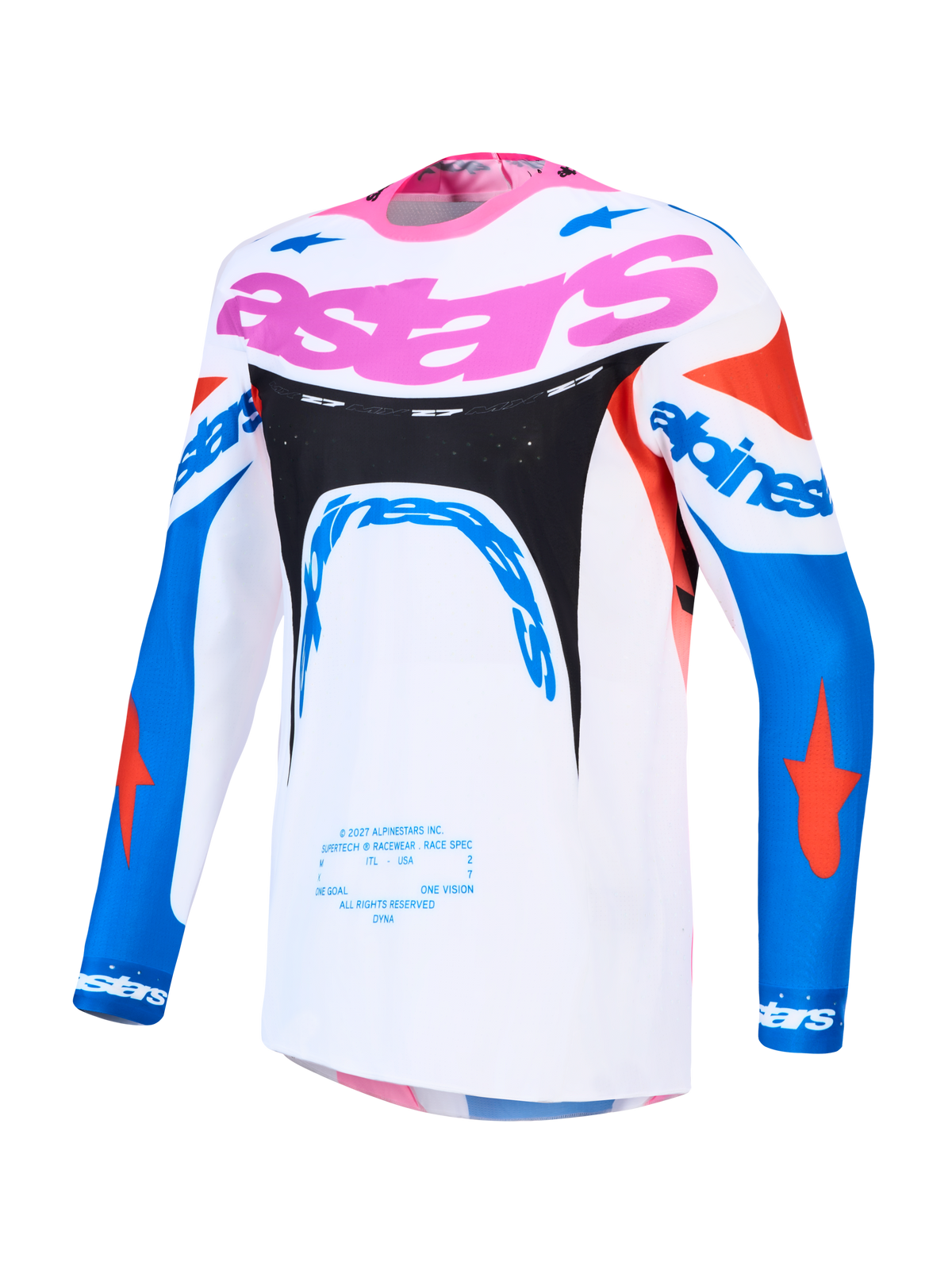 Alpinestars Supertech Dyna Men's Motocross Jersey, White and Blue with Pink, lightweight breathable stretch mesh.