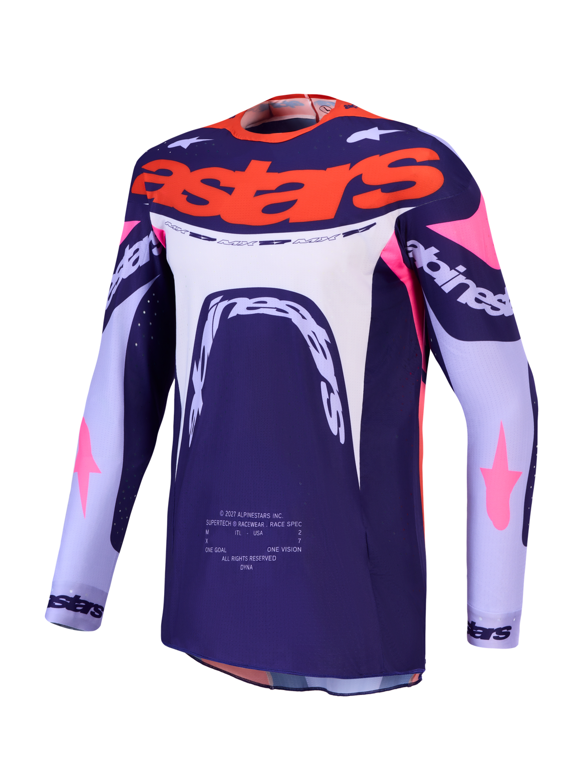 Alpinestars 2027 Supertech Dyna Jersey, deep purple and violet motocross racing top with pink fluo and orange details.