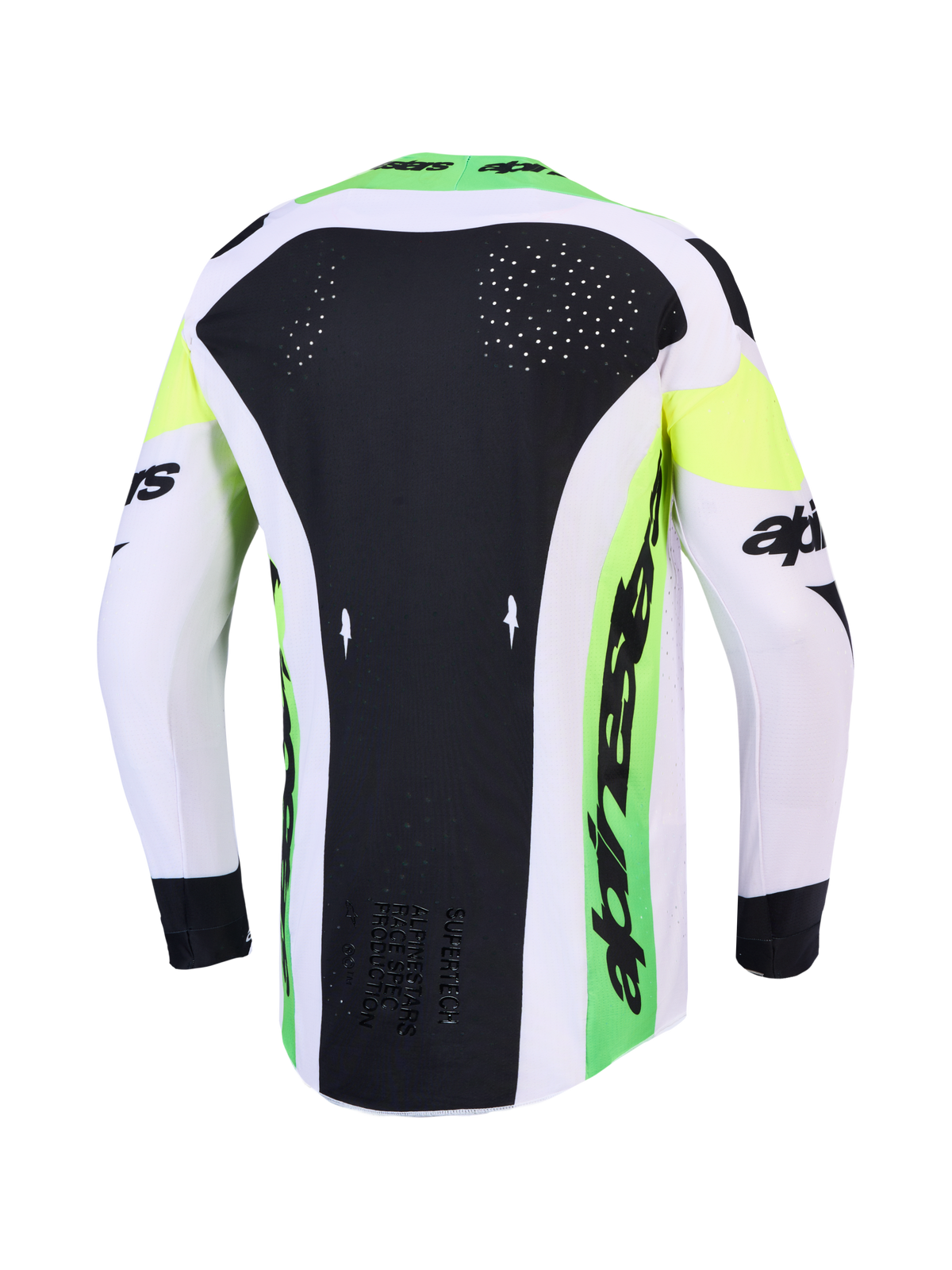 Alpinestars Maglia Supertech Dyna 2027 AND Supertech Dyna Gear Set, maglia da motocross verde e nera con fori laser-cut.