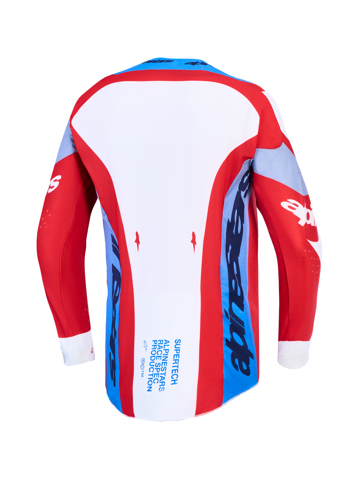 Alpinestars maglia Supertech Dyna, maglia motocross per uomo, rossa, bianca e blu navy, vista posteriore con orlo allungato.