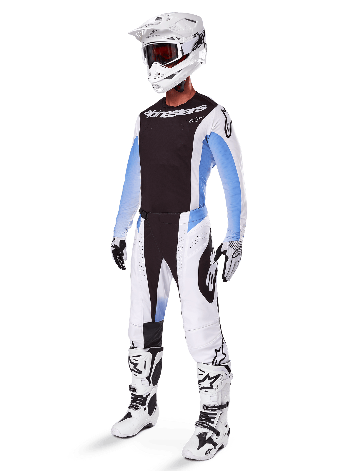 Alpinestars 2025 Techstar Melt Gear Set, abbigliamento completo da motocross, maglia nera con maniche bianche e blu, pantaloni bianchi con accenti neri e blu, casco bianco, guanti neri e bianchi, stivali bianchi con dettagli neri, kit di protezione MX completo
