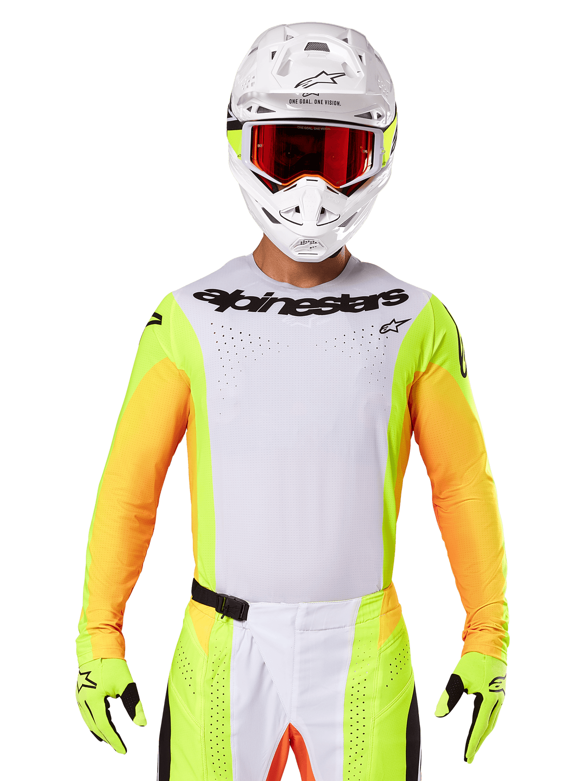 Alpinestars Techstar Melt Jersey 2025, abbigliamento da motocross, petto bianco con maniche giallo fluo e arancioni, pilota con casco bianco e maschera rossa, guanti giallo fluo con loghi neri, colorazione vivace per prestazioni off-road