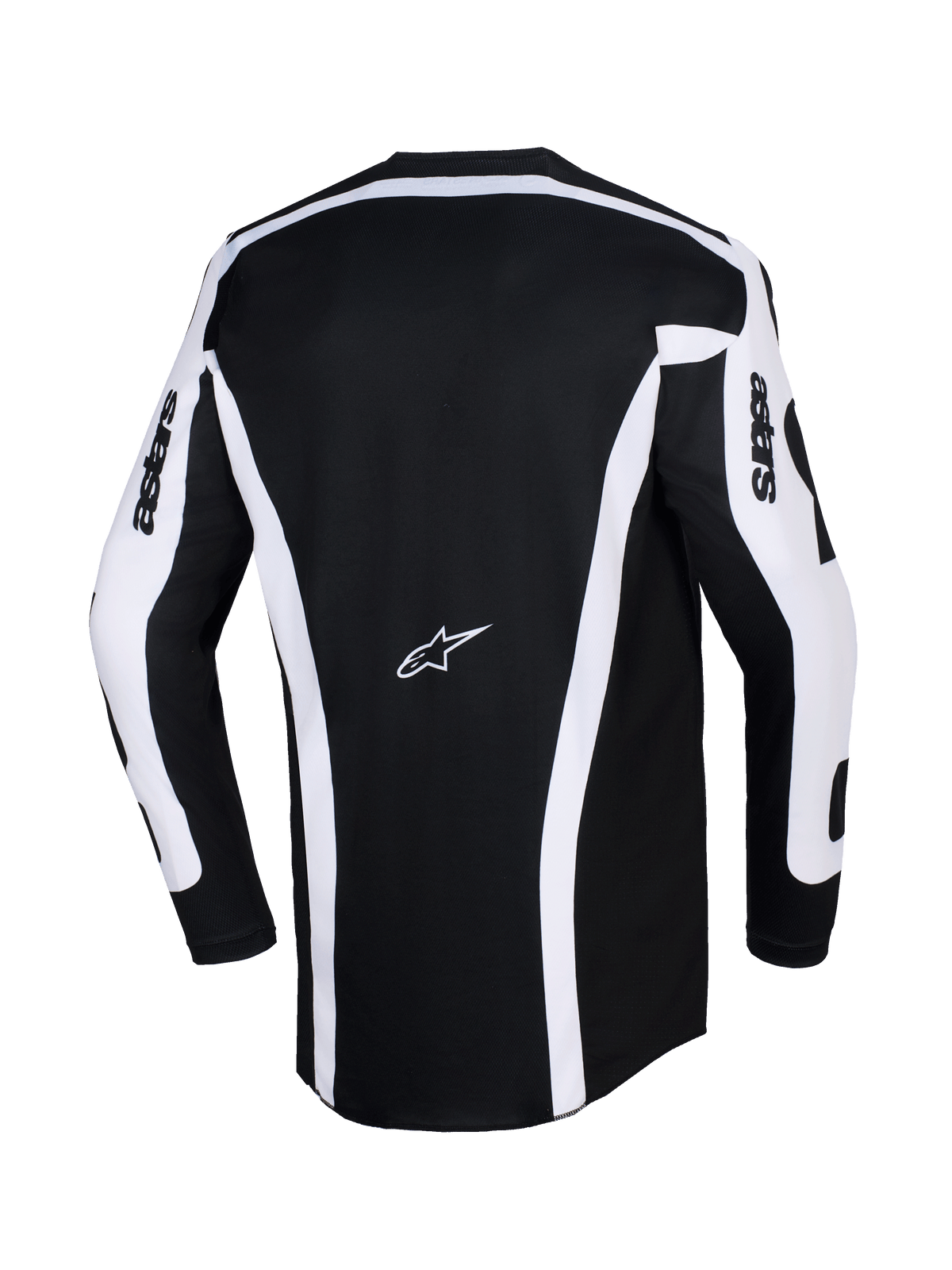 Alpinestars Maglia Racer Riway 2026, maglia da motocross, bianco e nero, vista posteriore con base nera, strisce verticali bianche e pannelli sulle maniche, logo Astars al centro della schiena, scritta 'astars' sulle maniche e taglio posteriore allungato