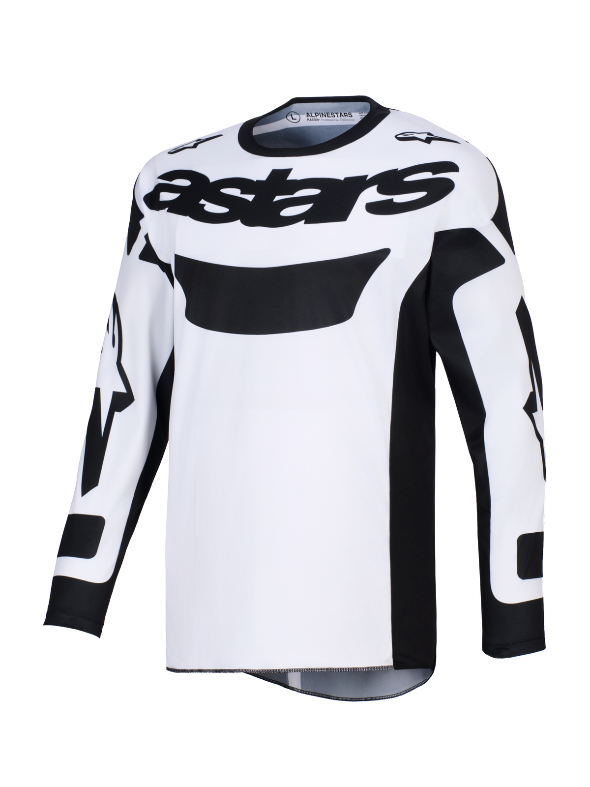 Alpinestars Racer Riway Jersey 2026, maglia da motocross, bianco e nero, con vistoso marchio 'astars' nero sul petto, tessuto in poliestere traspirante e vestibilità ergonomica da gara per la guida off-road