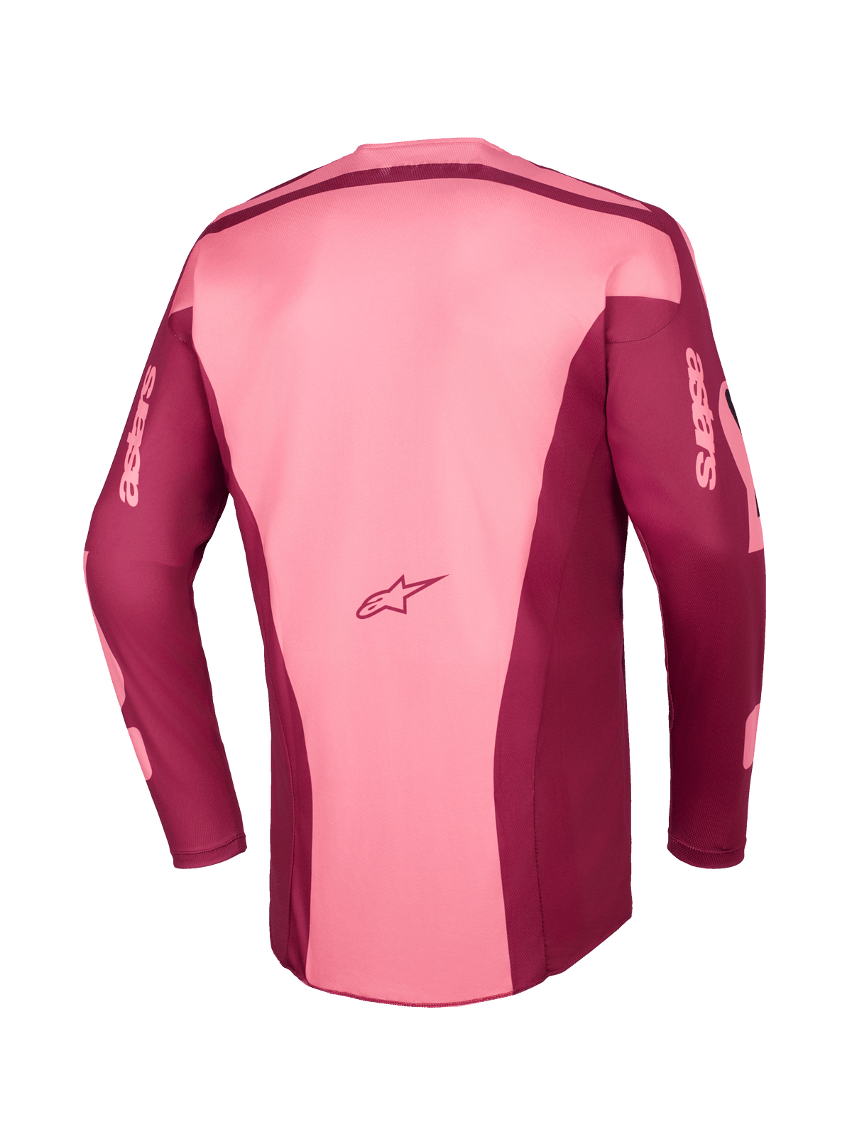 Alpinestars 2026 Racer Riway Jersey, maglia da motocross, Dark Red Coral, vista posteriore con costruzione a pannelli multipli, logo Astars sulla parte bassa della schiena e branding Astars sulle maniche lunghe, abbigliamento tecnico per fuoristrada