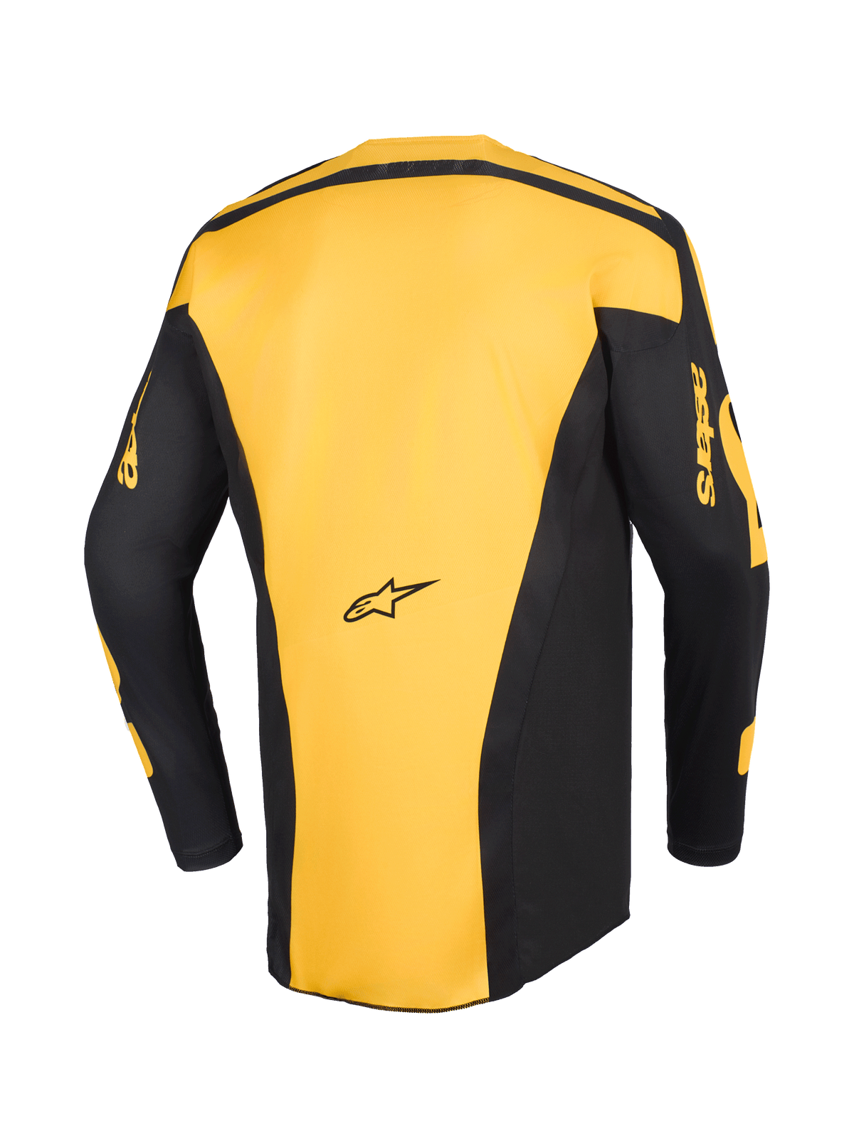 Alpinestars Racer Riway Jersey 2026, maglia da motocross, giallo e nero, vista posteriore con pannello centrale giallo e maniche nere con logo 'astars' giallo, design ergonomico per il fuoristrada
