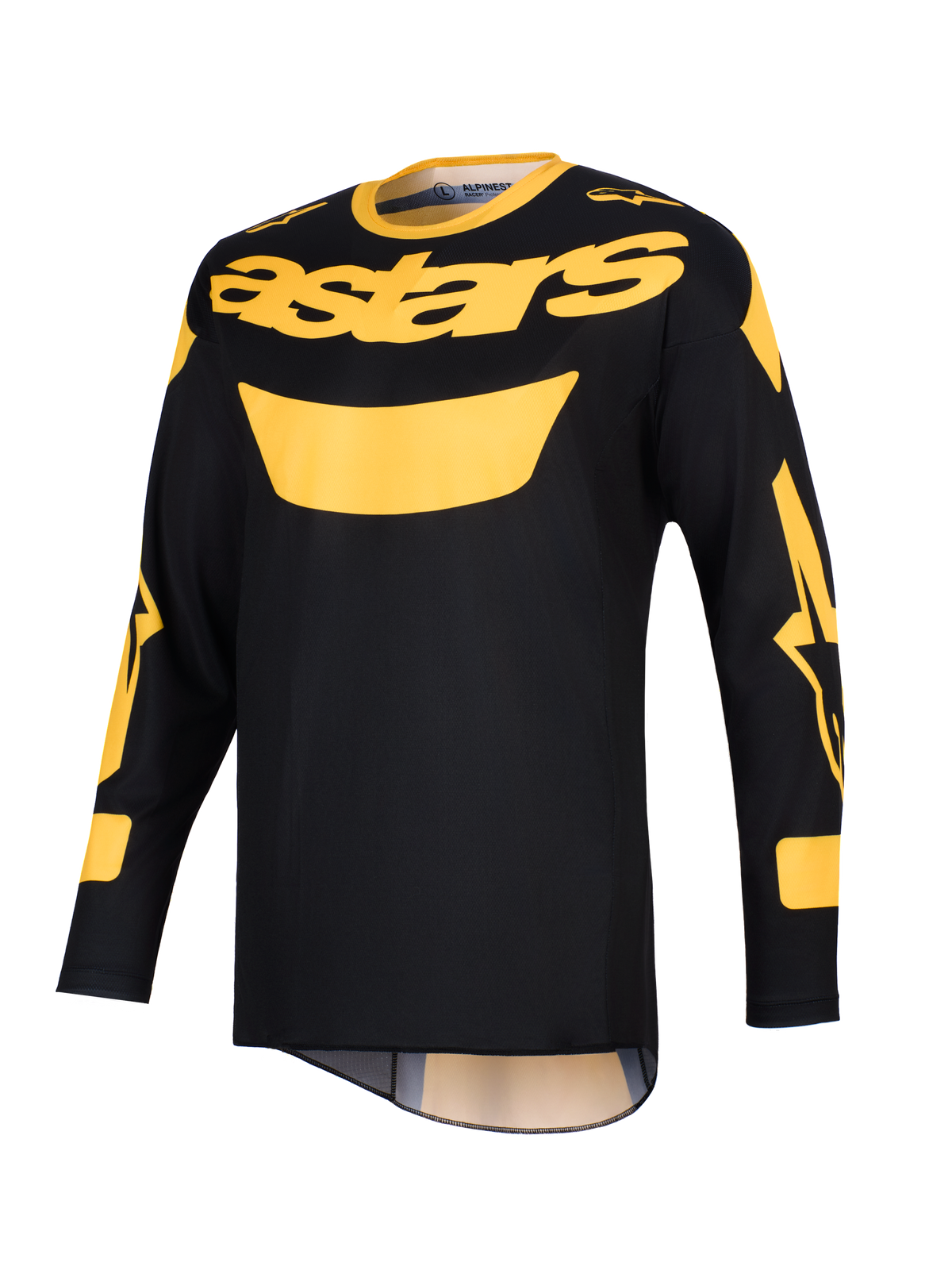 Alpinestars 2026 Racer Riway Jersey, maglia da motocross, giallo e nero, con vistoso logo 'astars' giallo sul petto, maniche lunghe con dettagli grafici e struttura in leggero poliestere per la guida off-road.