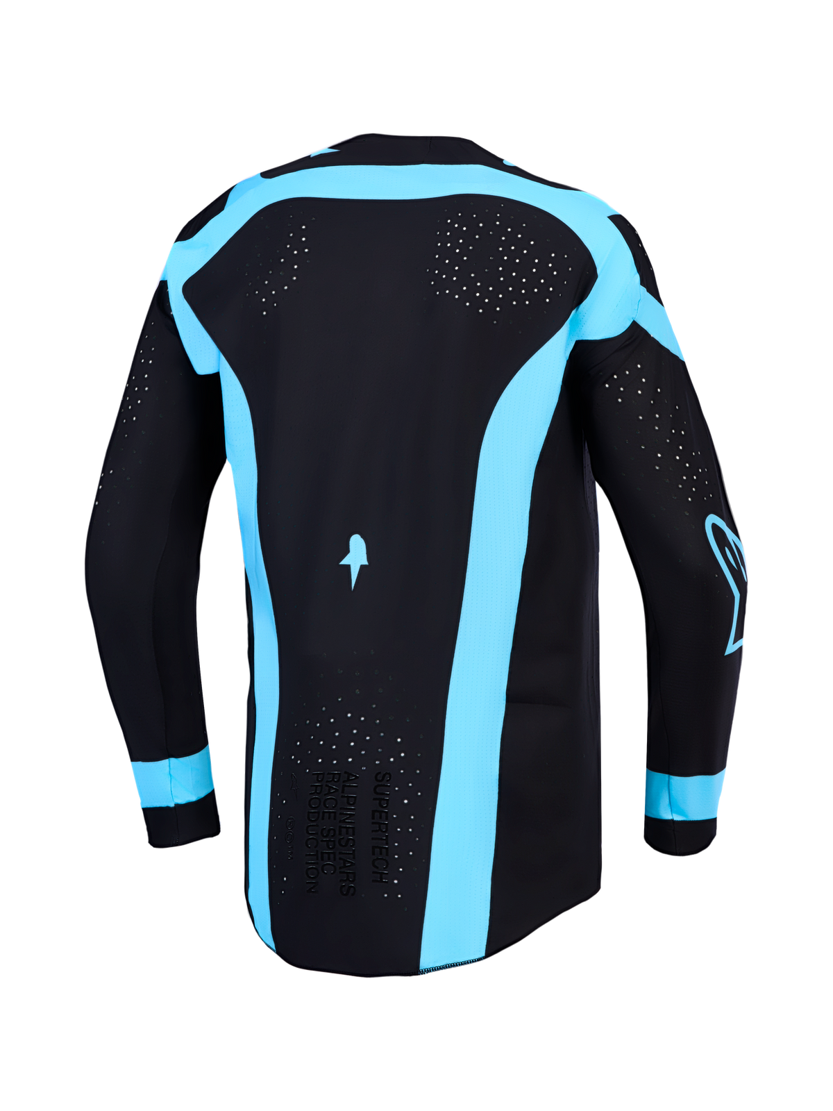 Alpinestars Maglia Supertech Vesta, maglia da motocross da uomo nera e turchese, vista posteriore con ventilazione laser-cut.