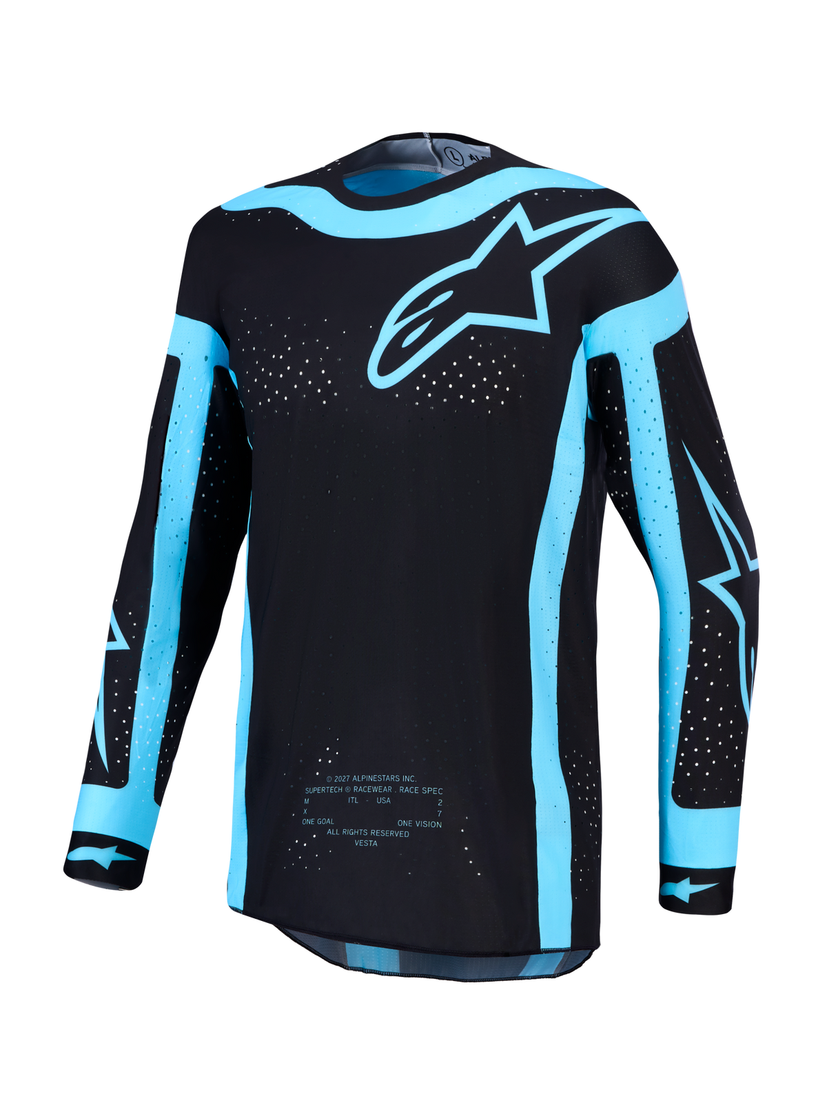 Alpinestars Supertech Vesta Jersey AND Gear Set, men's black and turquoise motocross jersey with laser-cut ventilation.