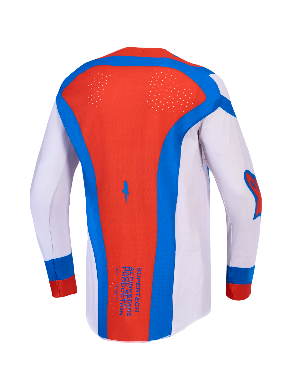 Alpinestars Maglia Supertech Vesta e Supertech Vesta Gear Set, maglia motocross da uomo, vista posteriore, lilla, rossa e blu, con perforazioni laser e mesh traspirante.