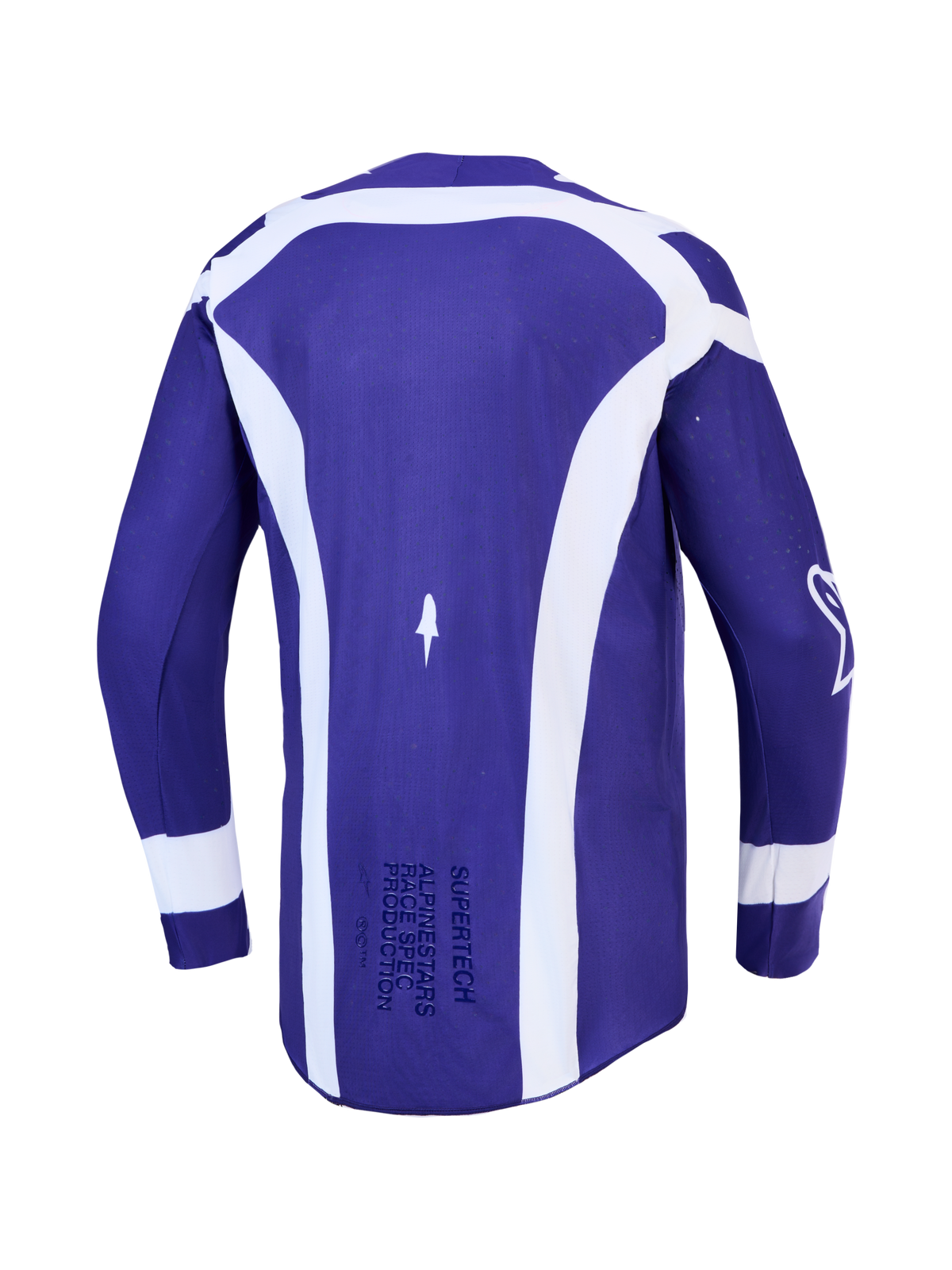 Alpinestars Maglia Supertech Vesta, maglia da motocross da uomo in mesh elasticizzato blu scuro e bianco, vista posteriore.