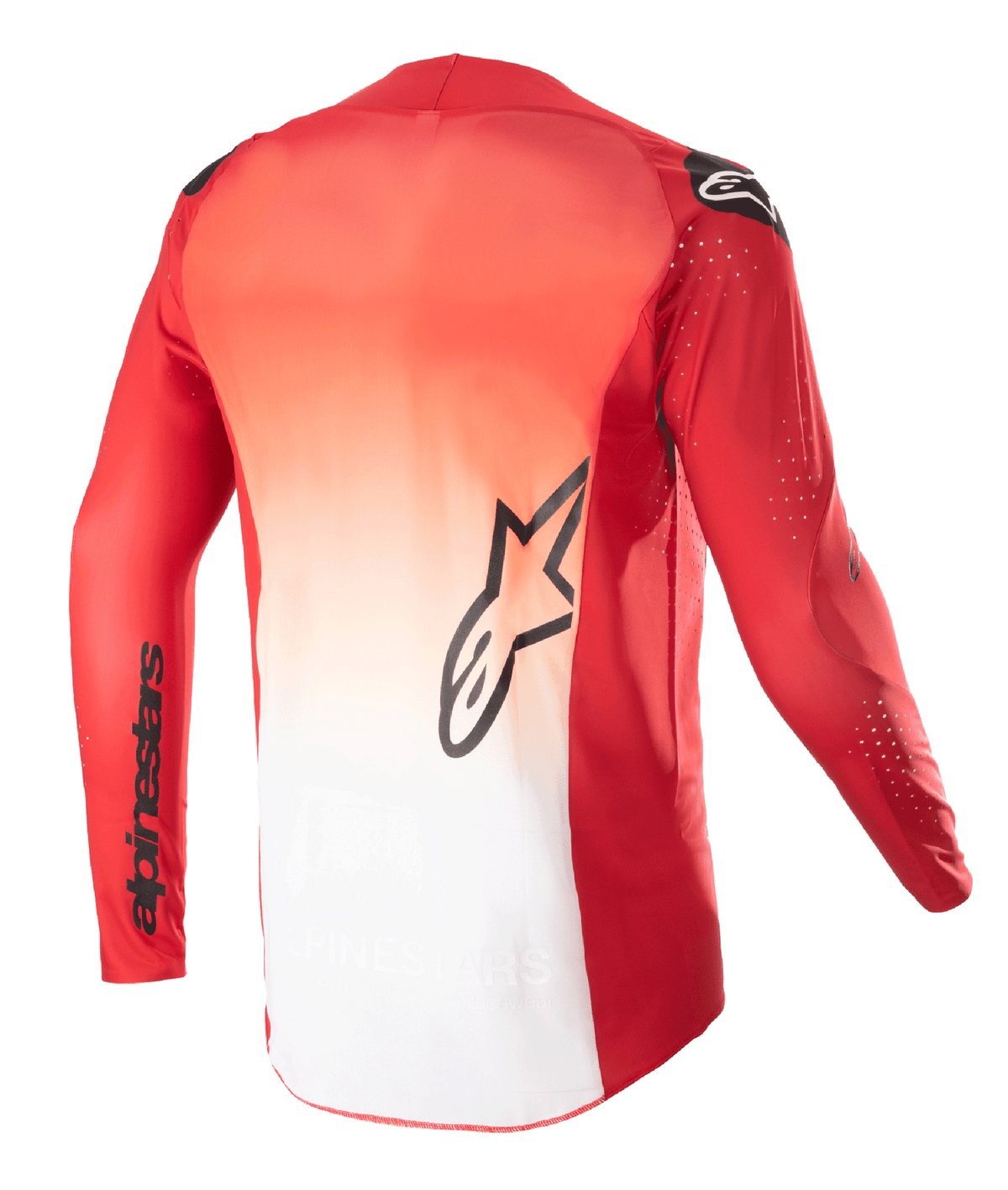 Alpinestars 2023 Supertech Risen Jersey, vista posteriore, design sfumato Mars Red e bianco, con logo Alpinestars a stella nero al centro della schiena e nome del brand sulla manica, maglia da motocross a maniche lunghe con perforazioni tagliate al laser per la ventilazione.
