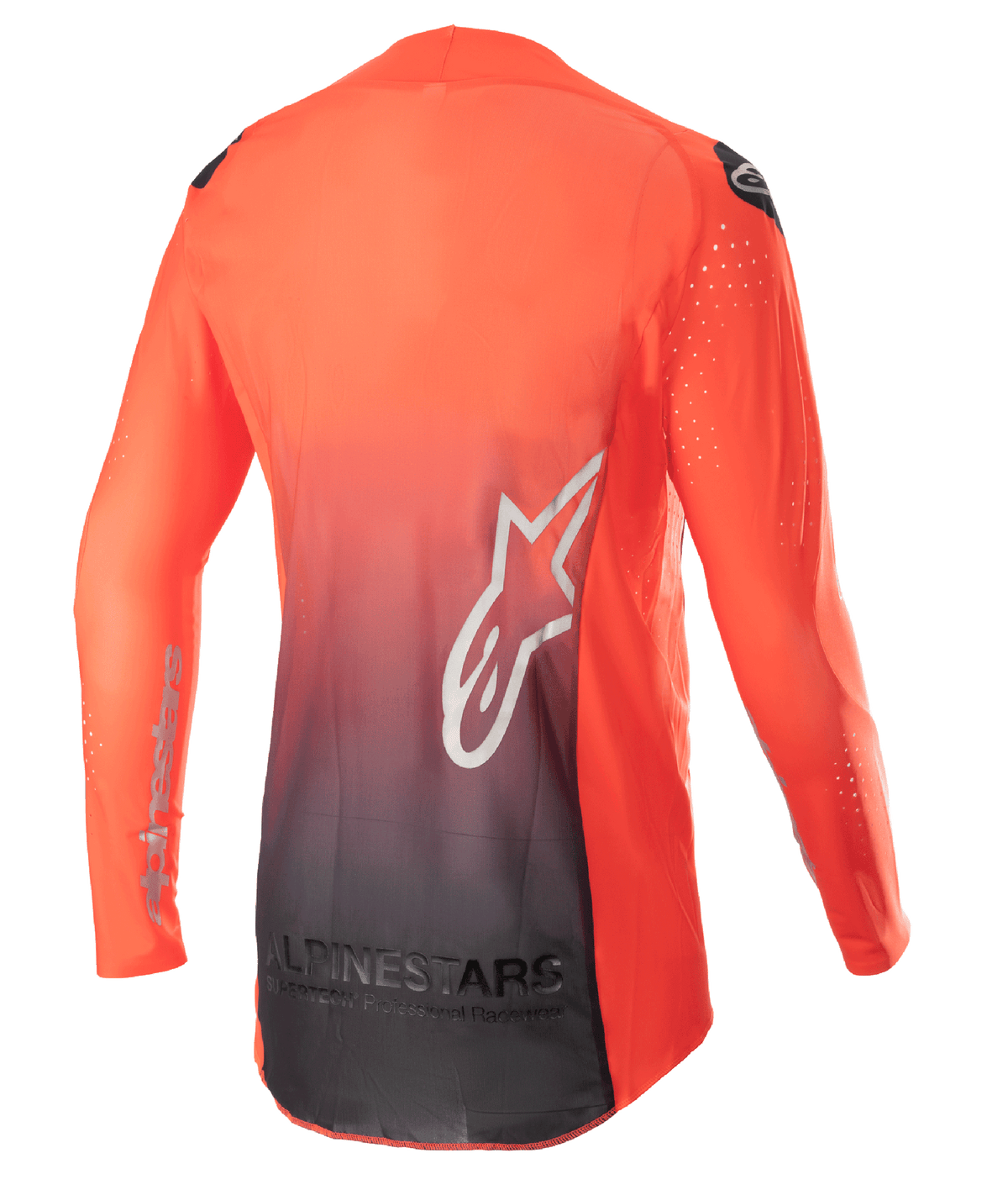 Alpinestars Supertech Risen Jersey 2023, maglia da motocross, arancione acceso e nero, vista posteriore con design sfumato da arancione a nero, grande logo a stella bianco sulla schiena e tessuto a rete traspirante per prestazioni fuoristrada.
