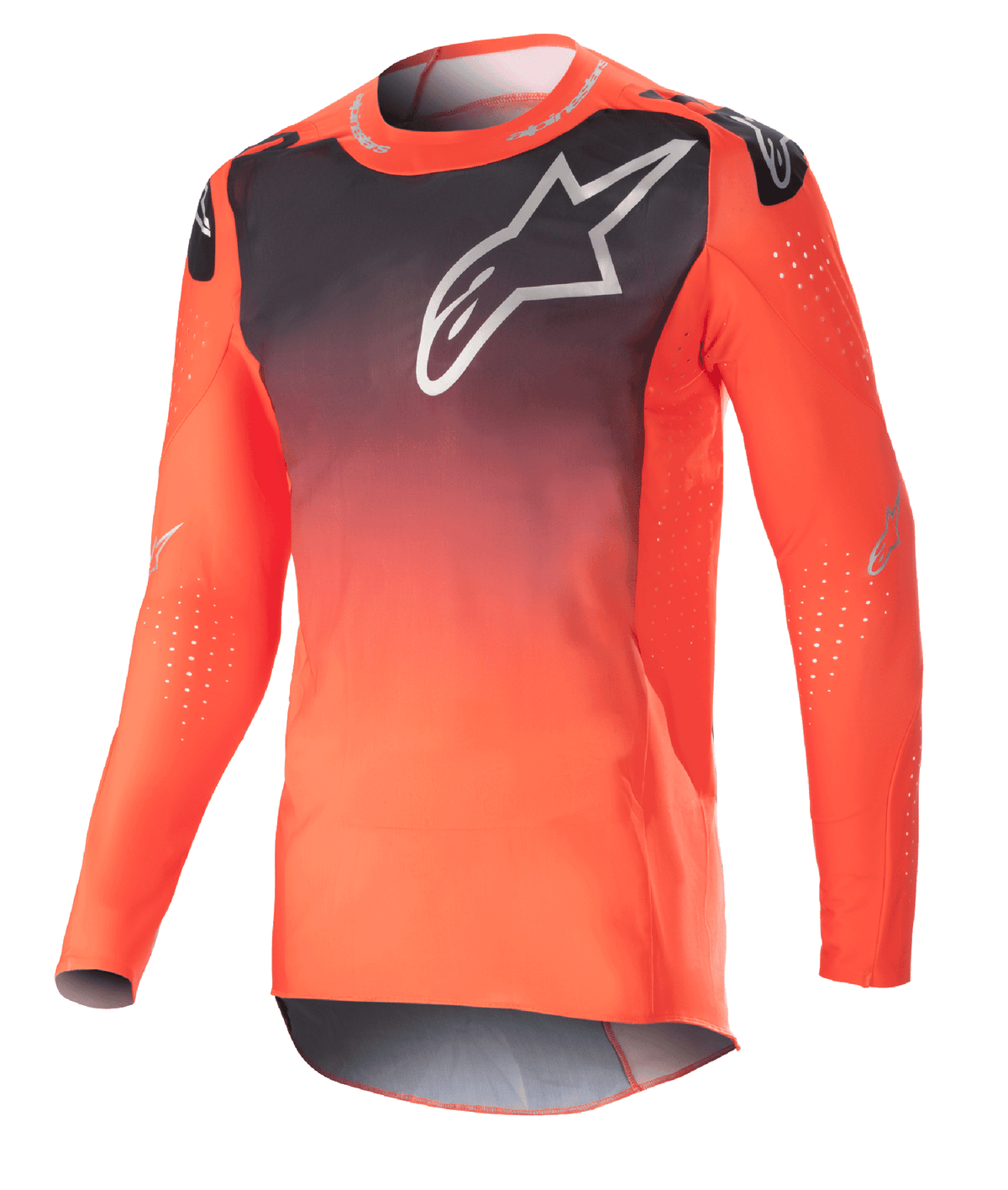 Alpinestars Maglia Supertech Risen 2023, maglia da motocross, sfumatura arancione acceso e nero, con grande logo bianco sul petto, perforazioni tagliate al laser per la ventilazione, tessuto in rete elastica leggera, vestibilità race performante
